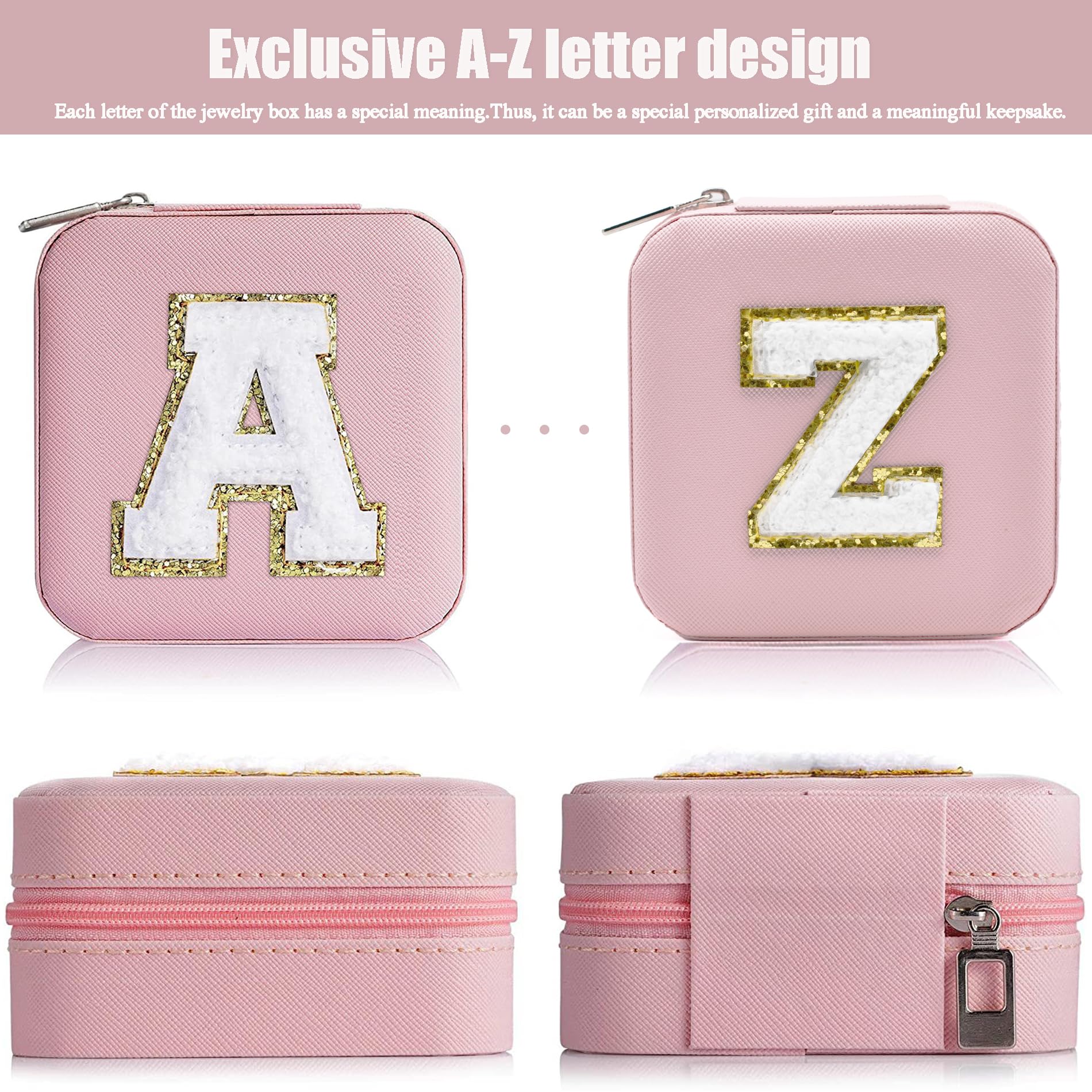 MODENGKONGJIAN Women's Travel Jewelry Organizer Box - Compact Pink Jewelry Case for Rings, Necklaces & Earrings | Personalized Initial Gift | Perfect for Vacation, Business Trips & Christmas Presents