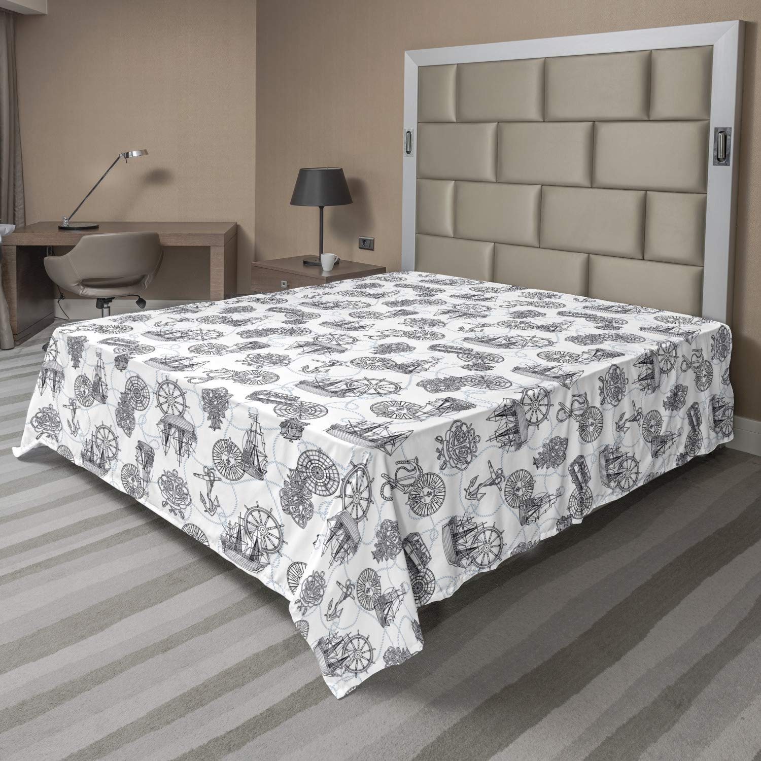 Ambesonne King Size Compass Flat Sheet - Nautical Sailing Boat Design with Antique Ships Wheel & Anchor | Soft Comfortable Decorative Bedding (Black Blue Grey White) | Perfect for Coastal Bedrooms, Beach House Decor & Marine Theme Interiors