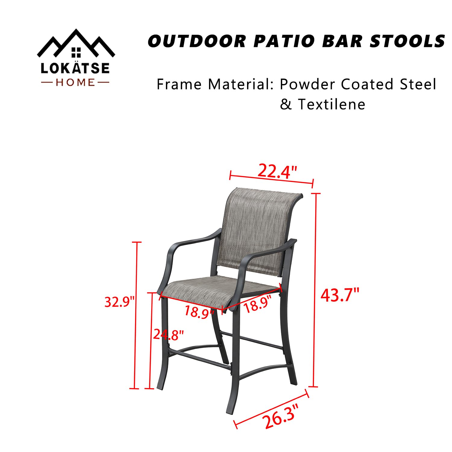LOKATSE HOME 2-Piece Outdoor Counter Height Bar Stools Set - Metal Patio Armchairs with Backrest, Grey - Perfect for Backyard, Deck, Garden & Poolside Dining