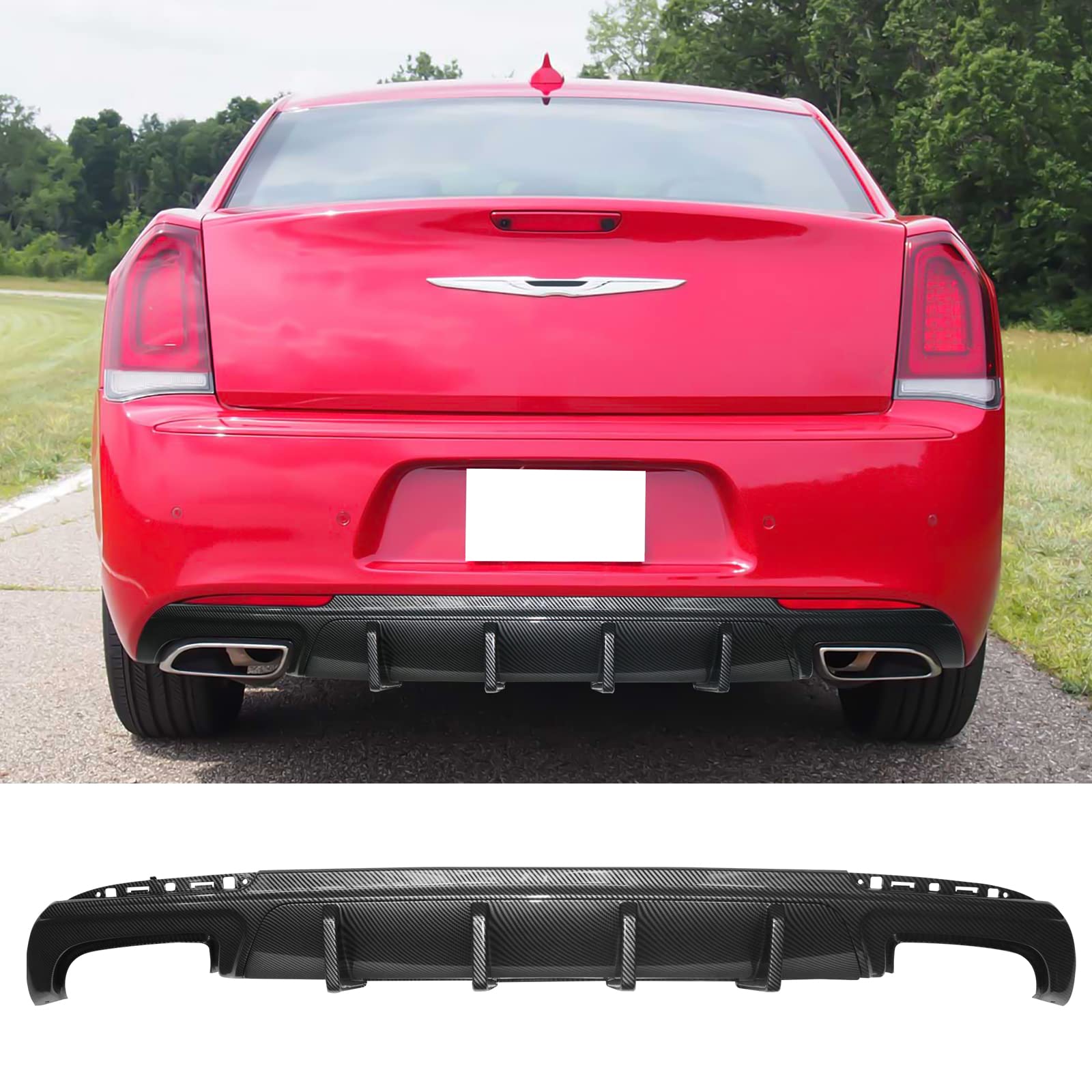 FREEMOTOR802 Rear Diffuser for 2015-2023 Chrysler 300 | IKON V1 Style Carbon Fiber Print PP Bumper Lip | Lower Valance Diffuser & Shark Fin Splitter 2-Piece Set | Upgrade Your Car's Rear Styling & Aerodynamics