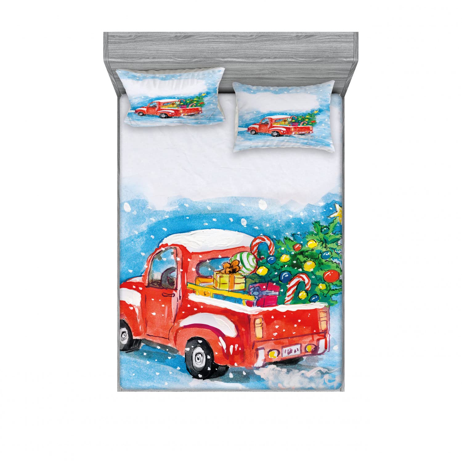Ambesonne Christmas 2-Pack Full Size Fitted Sheet & Pillow Sham Set - Truck Winter Scenery Bedding Decor (4-Piece Set: 2 Fitted Sheets & 4 Pillow Covers) in Blue, White & Red - Cozy Holiday Bedroom Decor for Christmas & Winter Season