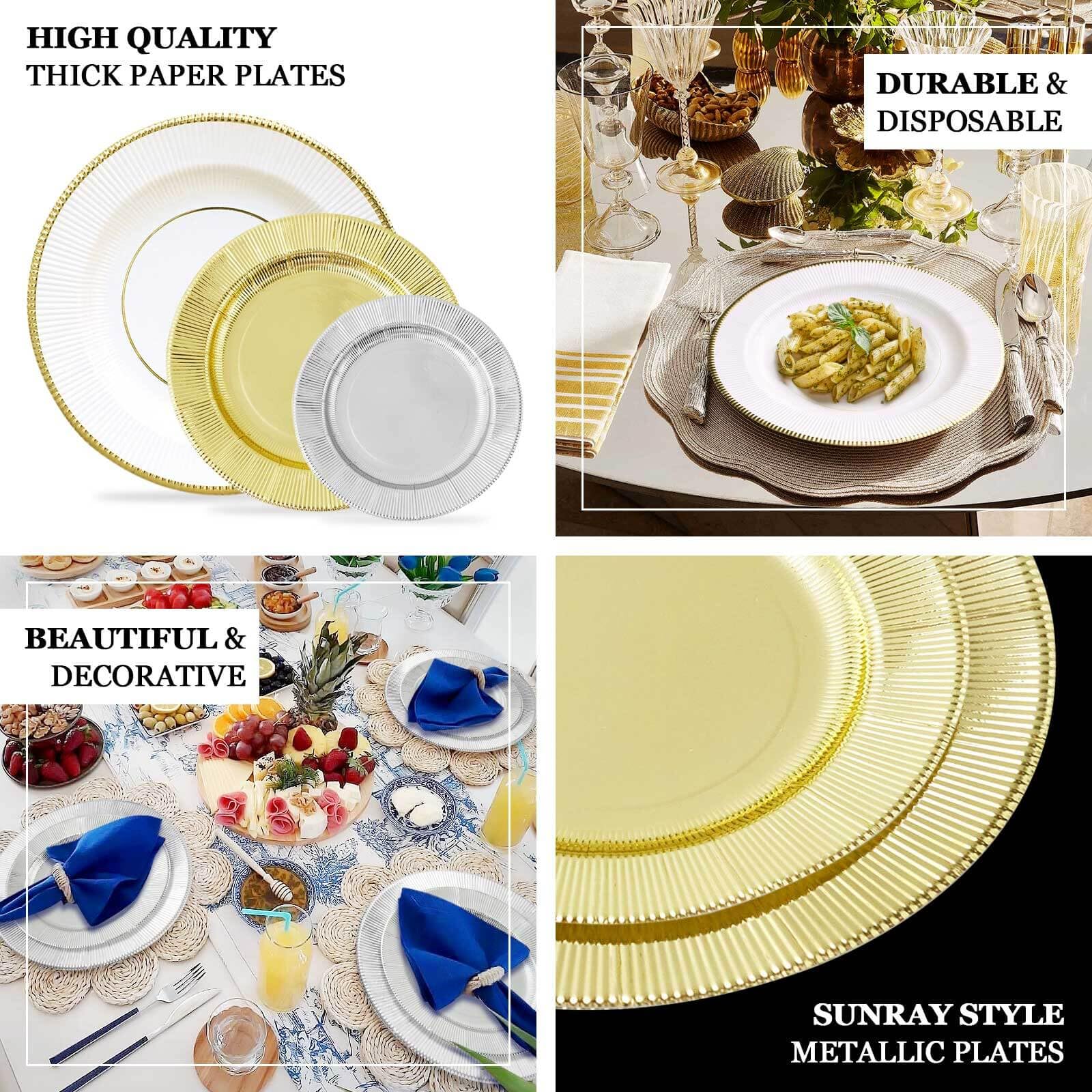Efavormart 25 Pack Metallic Black Sunray 10 Inch Disposable Dinner Plates - Heavy Duty 350 GSM for Parties, Weddings, and Special Events
