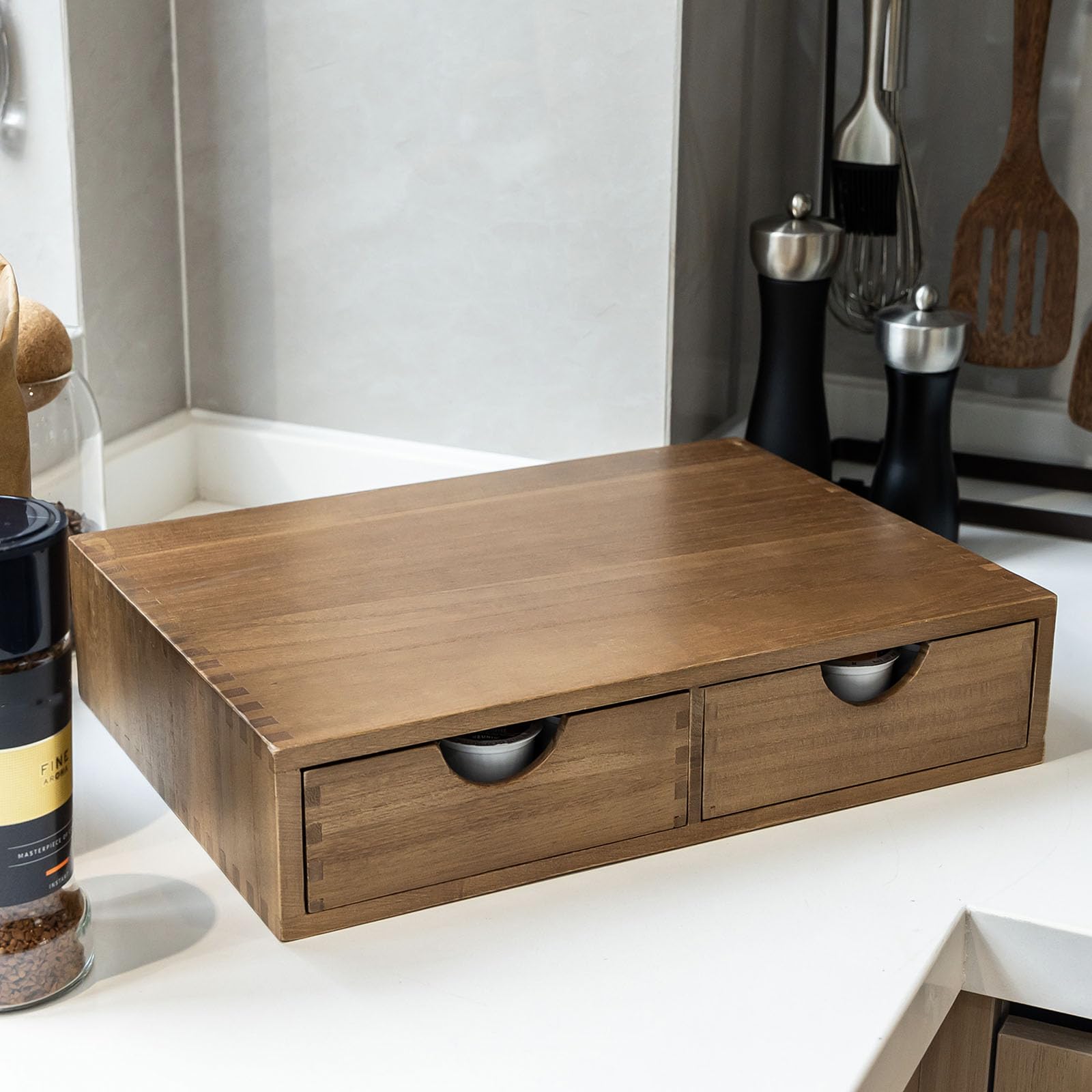Wooden K Cup Organizer - 30 Pod Capacity Coffee Pod Storage Box & Tea Organizer Drawer for Keurig Brewer - Perfect for Kitchen Countertop, Office Breakroom, and Coffee Station Organization