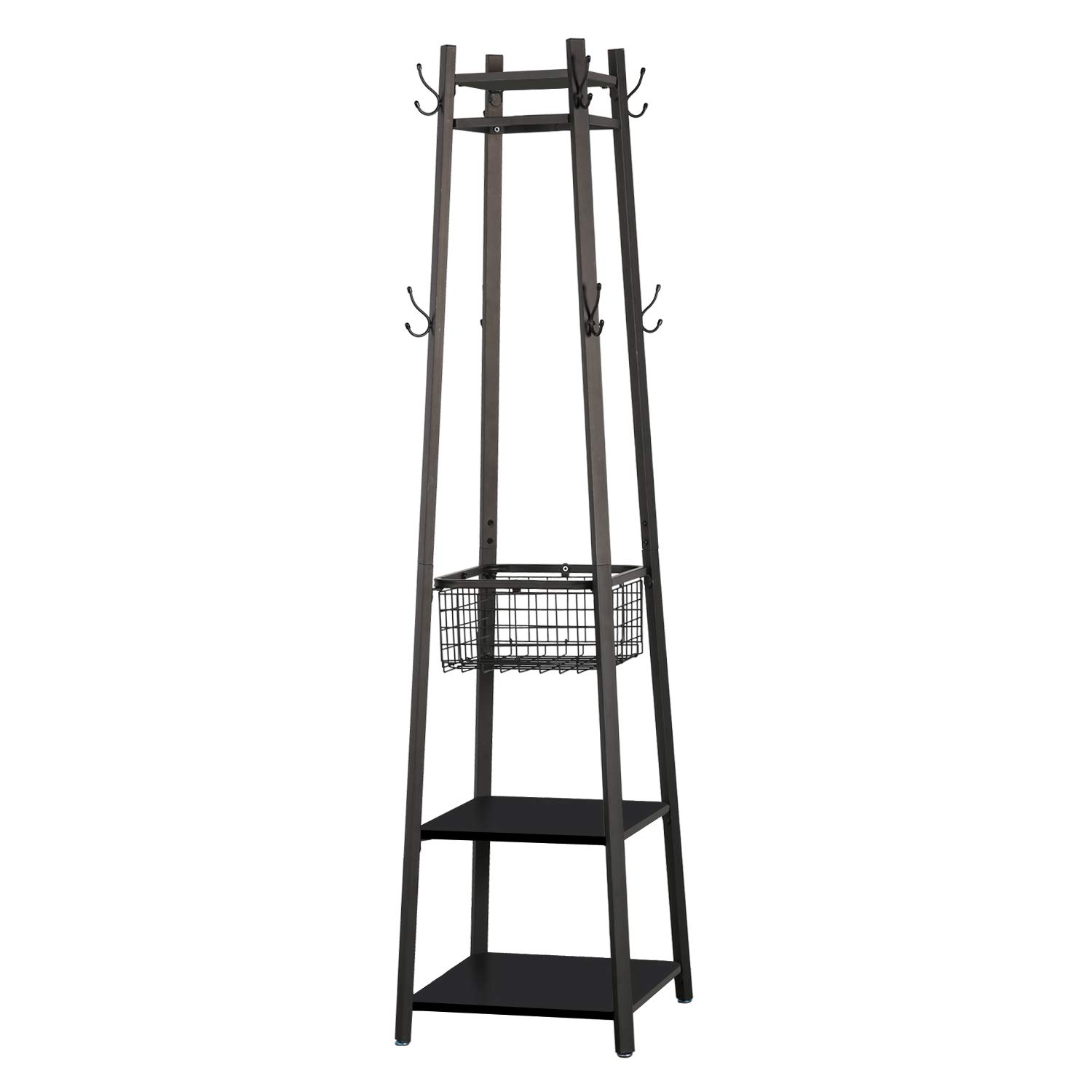 VECELO Heavy Duty Industrial Coat Rack with 2-Tier Storage Shelves & Metal Basket - 8 Dual Hooks Entryway Hall Tree for Jackets, Hats & Bags - Perfect for Mudroom, Entryway & Commercial Spaces (Black)