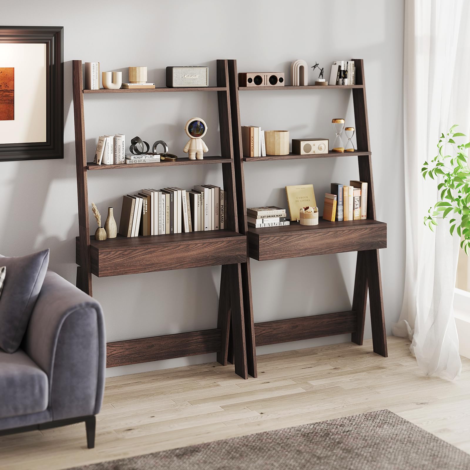 Tangkula Wall-Leaning Ladder Desk with Countertop & Drawer - Compact Home Office Computer Table with Open Shelves & Anti-Tip Kits - Space Saving Workstation for Small Rooms, Apartments & Dorm Rooms - Perfect for Remote Work, Study & Writing (Walnut)