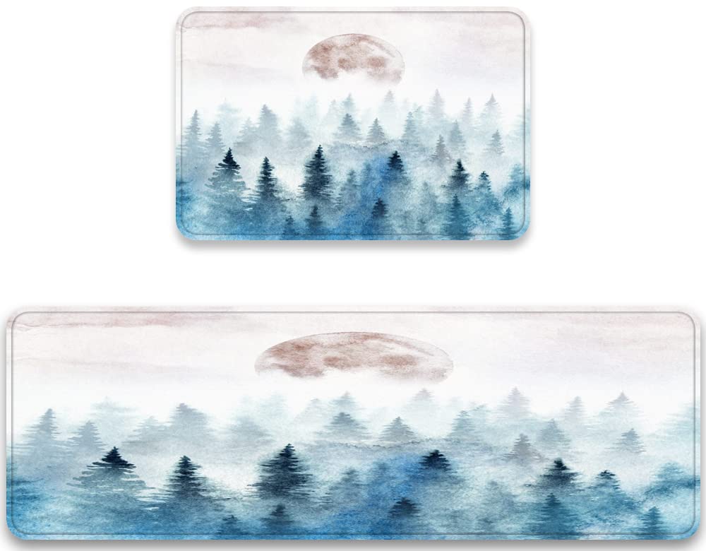 2-Piece Kitchen Rug Set - Watercolor Misty Fir Forest & Foggy Mountain Scenery, Non-Slip Washable Cushioned Floor Mats for Kitchen, Entryway, or Bathroom - Perfect for Adding Nature-Inspired Comfort to Your Home Decor