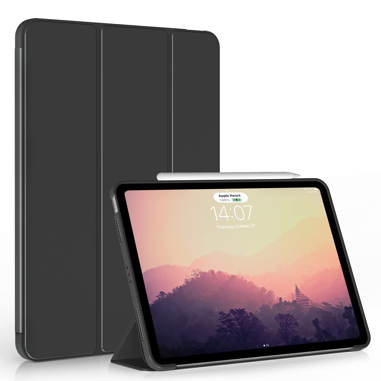 Premium Slim Trifold Stand Case for iPad Air 5th/4th Gen 10.9 Inch (2022/2020 Models) - Auto Wake/Sleep, 2nd Gen Pencil Charging, Soft TPU Back Cover - Perfect for Work, Study & Travel - Black