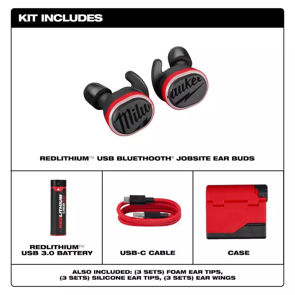 Milwaukee 2191-21 USB Bluetooth Jobsite Earbuds - Wireless Noise Cancelling Headphones for Construction, Woodworking & DIY Projects