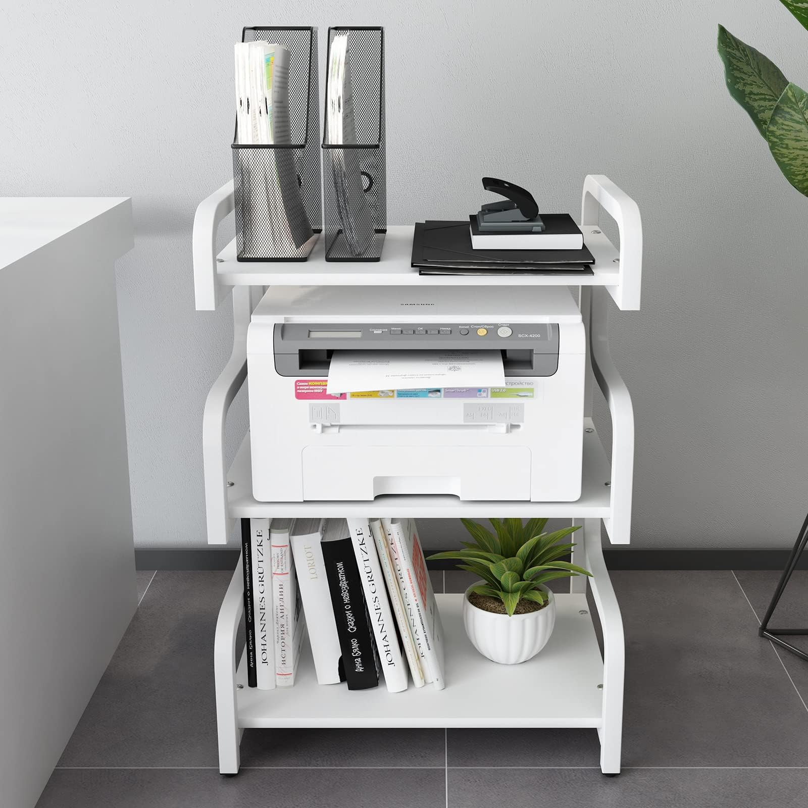 3-Tier Rolling Printer Stand with Wheels - Mobile Storage Cart for Home Office, Living Room & Kitchen - Organize Printer, Scanner, Books, Microwave & More - White Multi-Purpose Shelf Rack