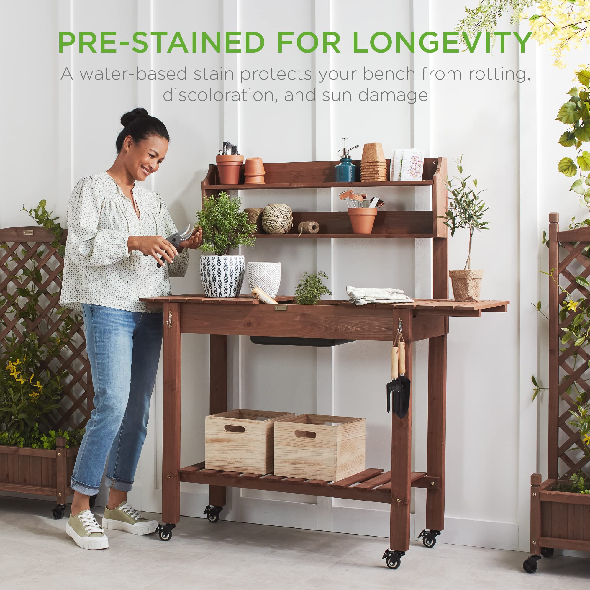 Best Choice Products Mobile Garden Potting Bench - Outdoor Wooden Workstation Table with Sliding Tabletop, 4 Locking Wheels, Food-Grade Dry Sink & Storage Shelves - Brown | Perfect for Gardening, Potting Plants & Outdoor DIY Projects