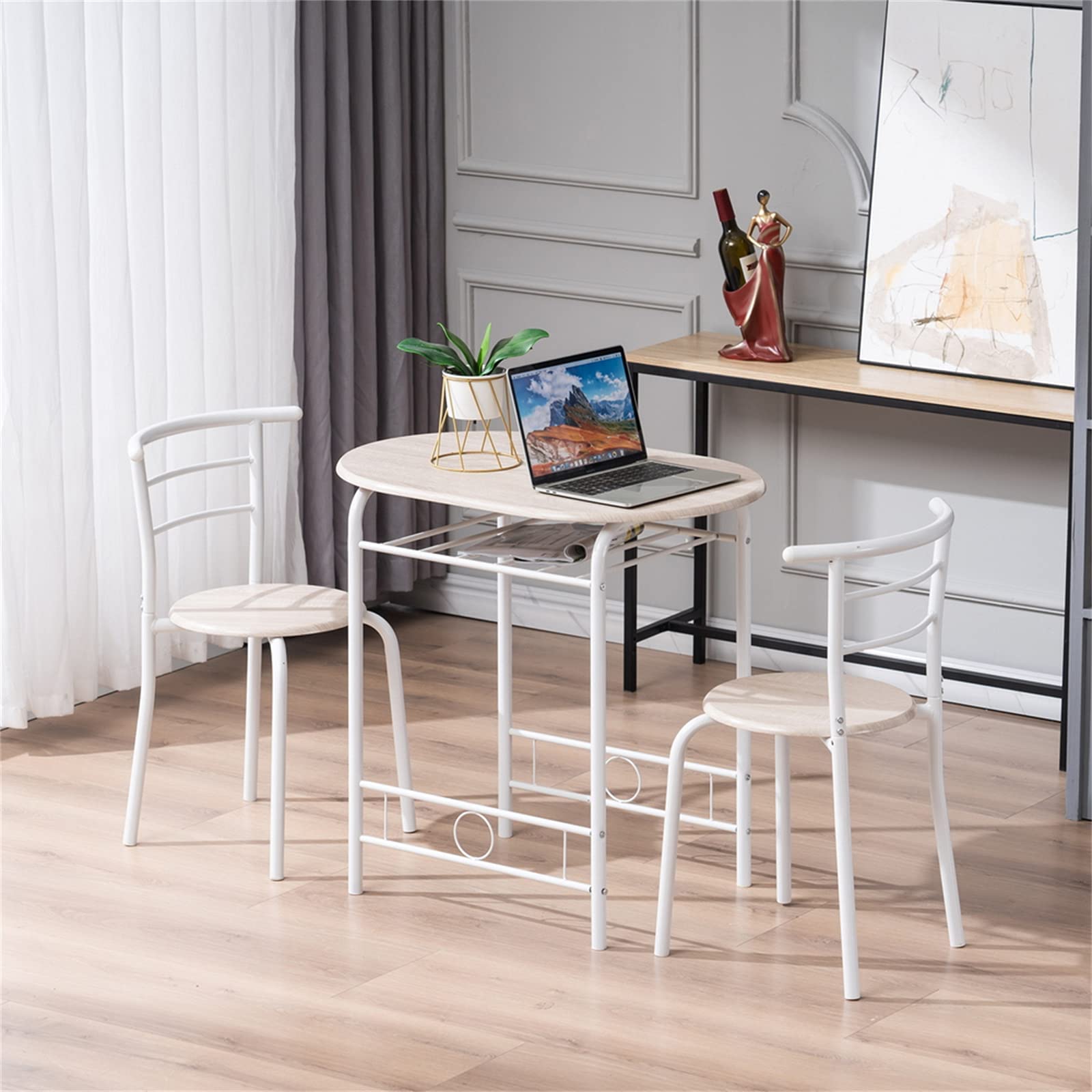 Compact Round Kitchen Dining Table Set for 2 - 3 Piece Small Space Breakfast Nook with Chairs & Wine Rack - Perfect for Apartments, Studios & Cozy Homes (White) | Space-Saving Solution for Morning Coffee, Intimate Dinners & Small Gatherings