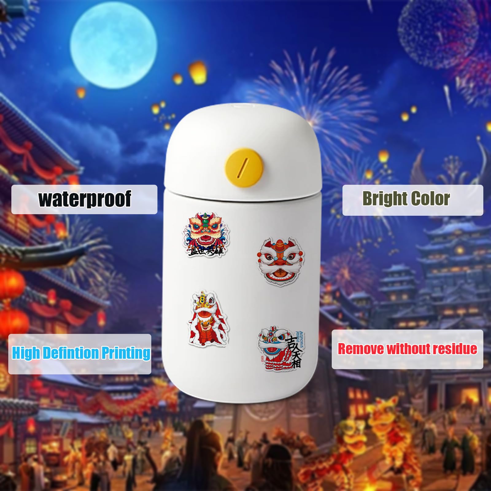 50pcs Chinese New Year Decoration Stickers - Waterproof Cartoon Lion Stickers for Water Bottles, Laptops, Phones | Cute Anime Stickers for Kids & Teens | Perfect for Holiday Decor, School Supplies & DIY Crafts