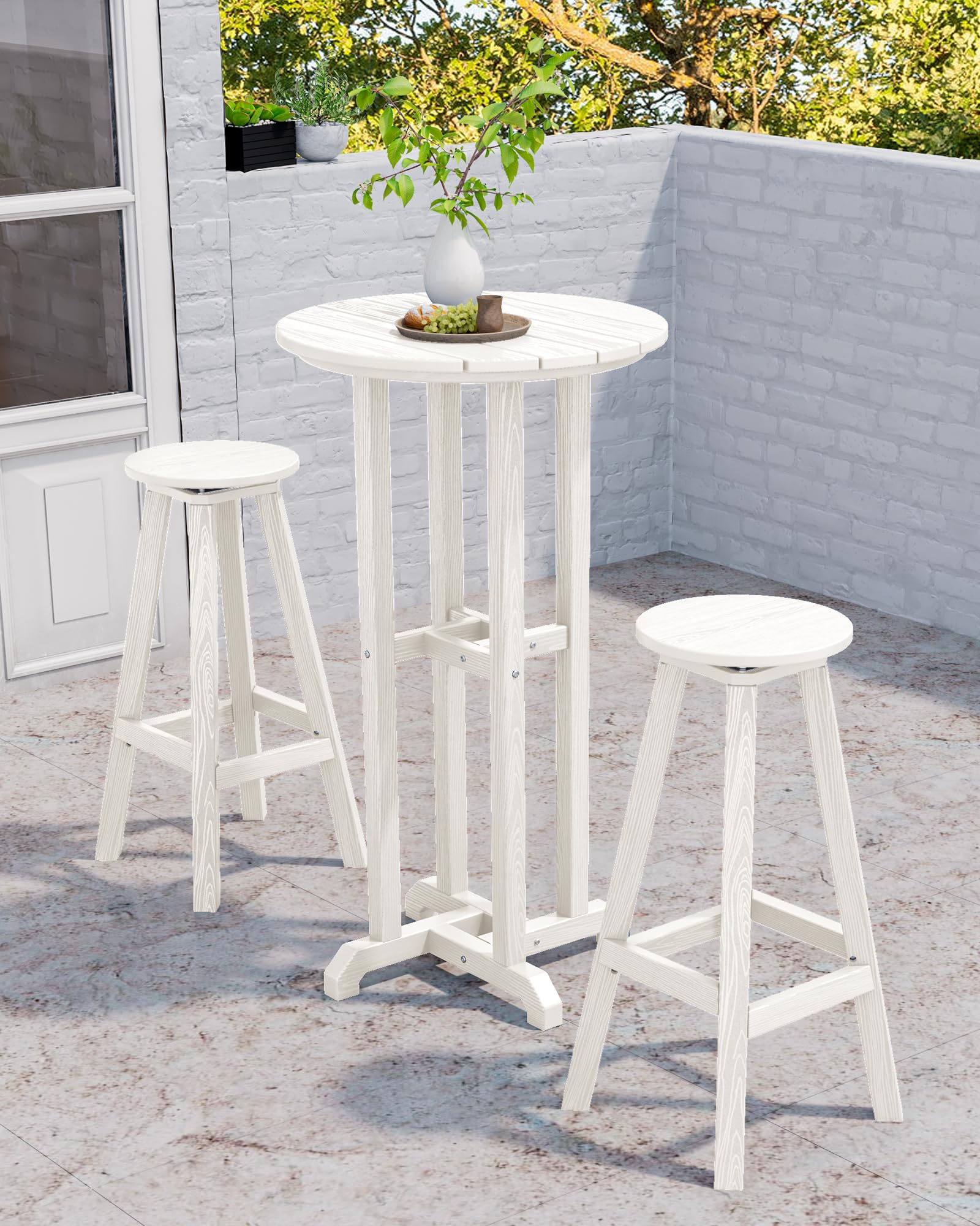SERWALL 4-Piece Outdoor Bar Table and Chairs Set - Round All-Weather HDPE Patio Furniture with Swivel Stools - Perfect for Poolside, Backyard, Deck, Garden & Outdoor Entertaining (White)