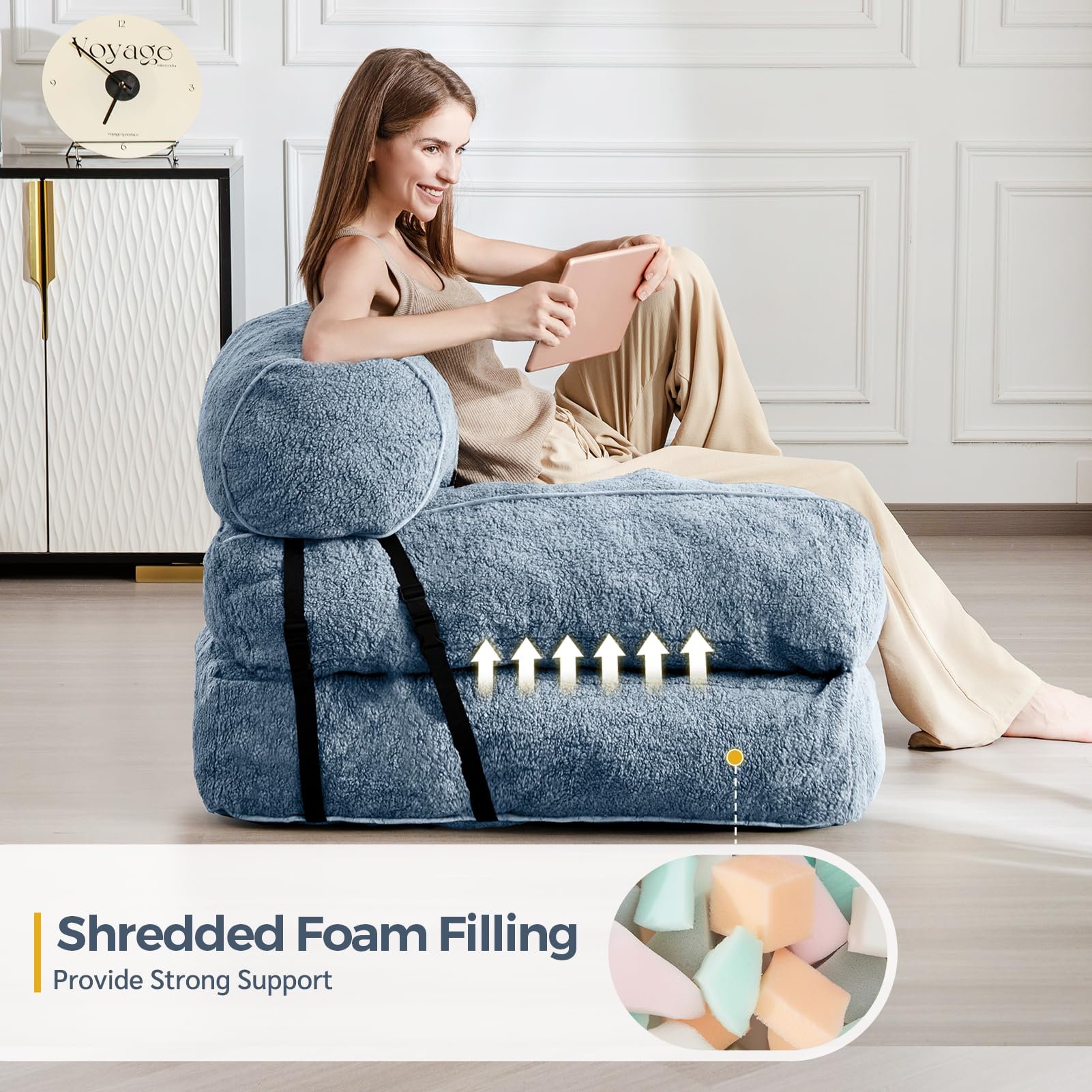 MAXYOYO Folding Sofa Bed - Convertible Boucle Sleeper Chair with Bolster Pillow | Multi-Functional Floor Sofa Lounge for Living Room, Bedroom & Small Spaces | Dusty Blue | Perfect for Guest Sleeping, Relaxing & Space Saving