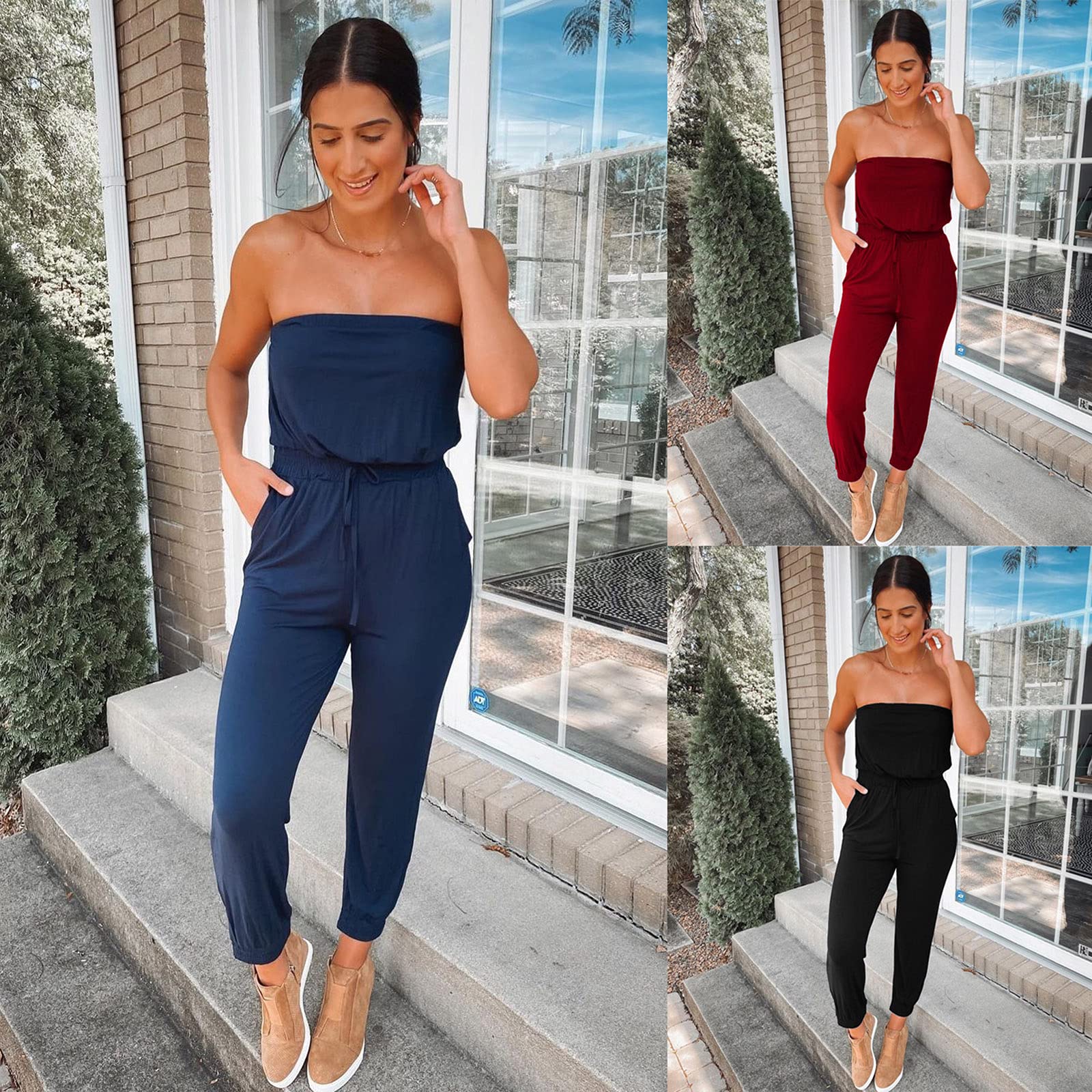 Women's Summer Bandeau Jumpsuit Playsuit - Drawstring Waist, Pockets, Romper for Beach Vacation, Pool Party, and Casual Outings