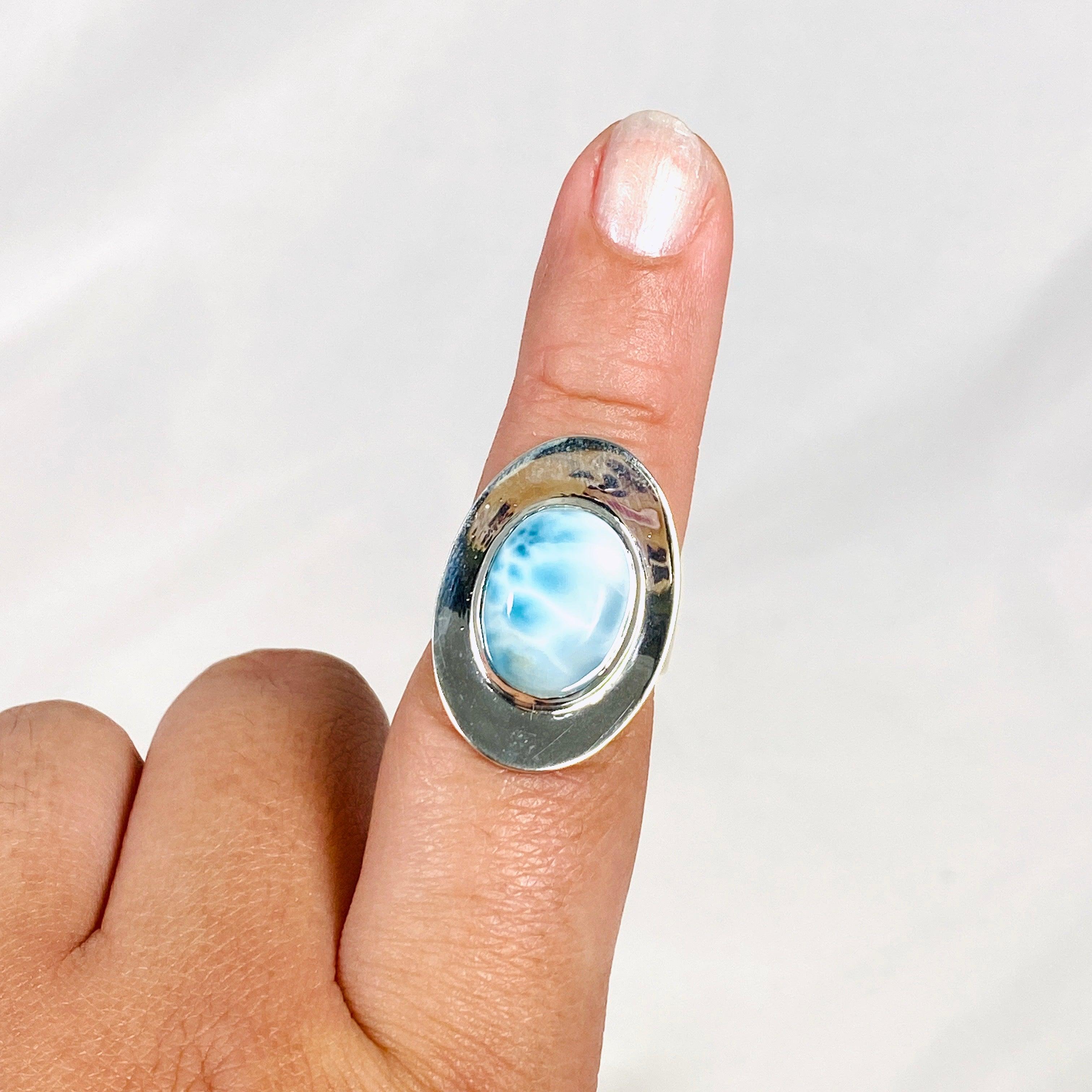 Larimar Oval Ring with Sterling Silver Band - Size 8 KRGJ3103 | Handmade Jewelry for Women, Gift for Her, Birthday & Anniversary Present