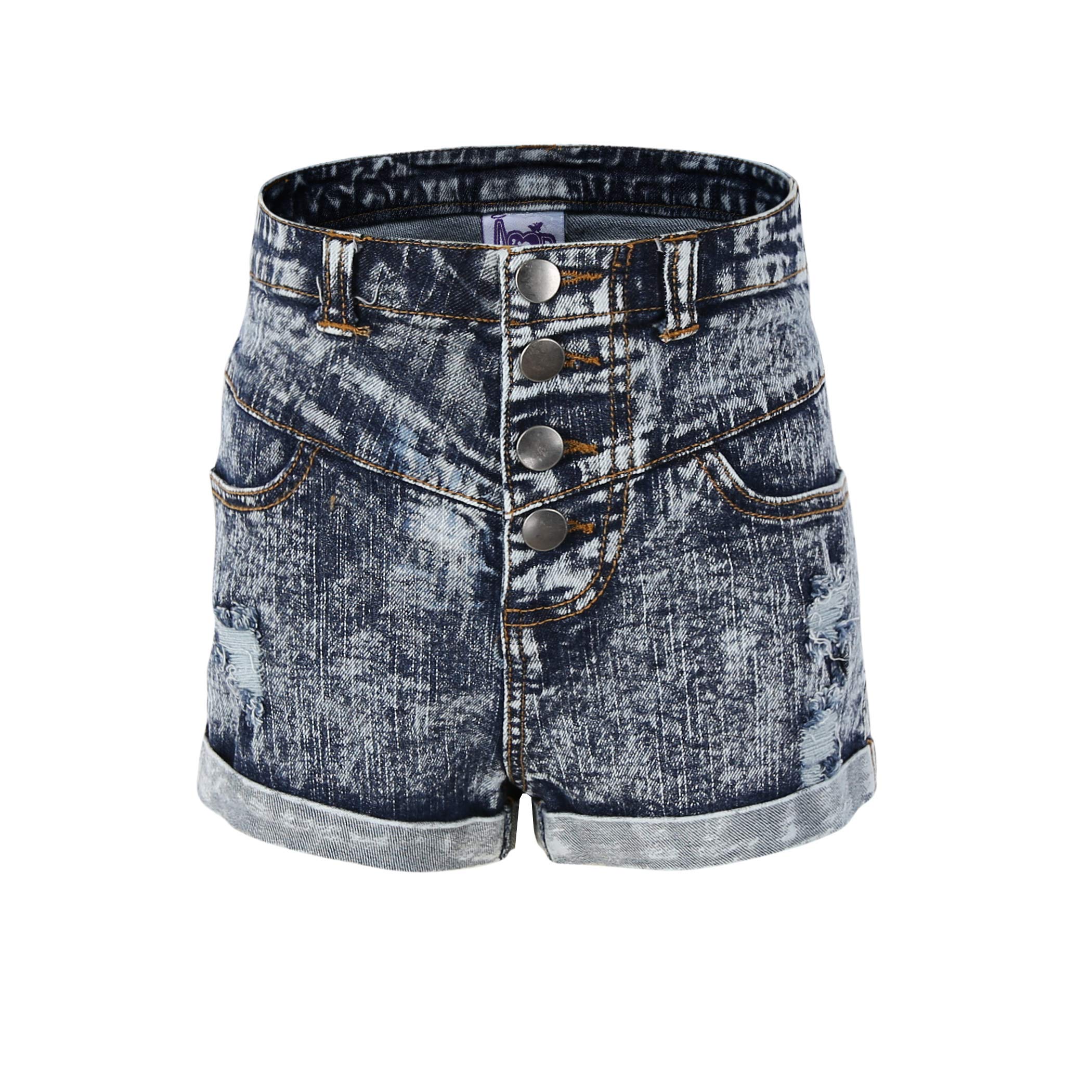 Bienzoe Girls' Ripped Denim Shorts for Kids - Adjustable Waist, Rolled Hem, Stretchy Cotton Bermuda Shorts | Perfect for Summer, Casual Wear, and Playdates