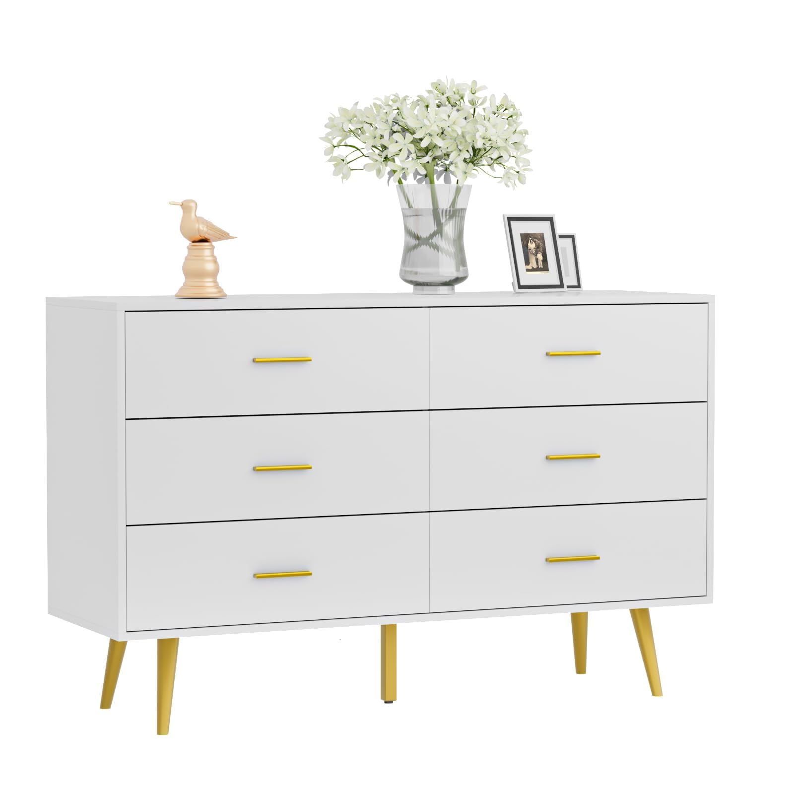 White Dresser for Bedroom - 6 Drawer Chest with Gold Metal Handles, Wide Storage Drawers, Modern Wood Dresser for Hallway, Entryway, Living Room | Perfect for Organizing Clothes, Bedding & Home Decor in Small Spaces