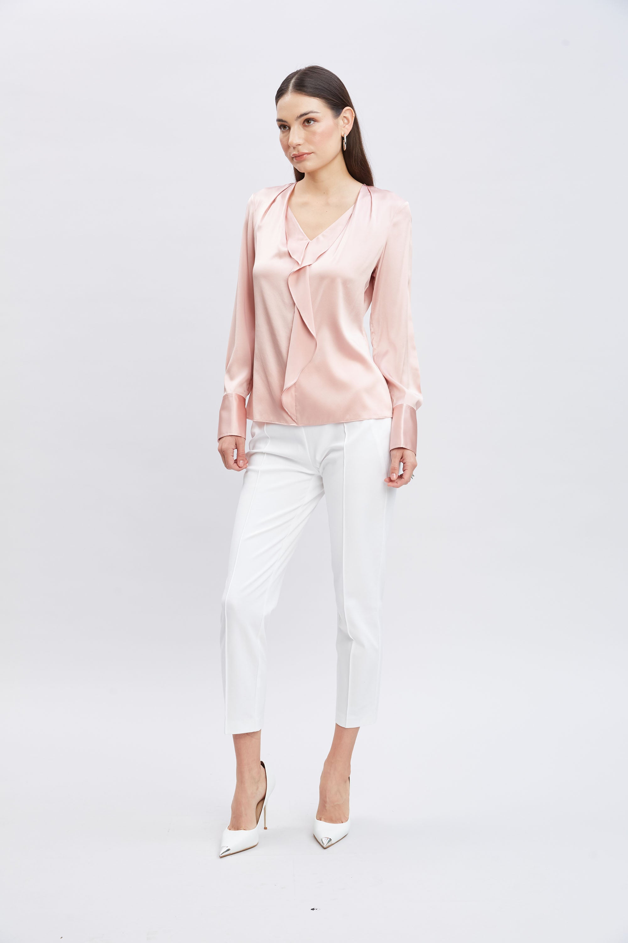 Silk Satin Ruffle Contour Shirt for Women - Elegant Blouse with Ruffled Neckline & Flowy Sleeves - Perfect for Office Wear, Date Nights & Special Occasions