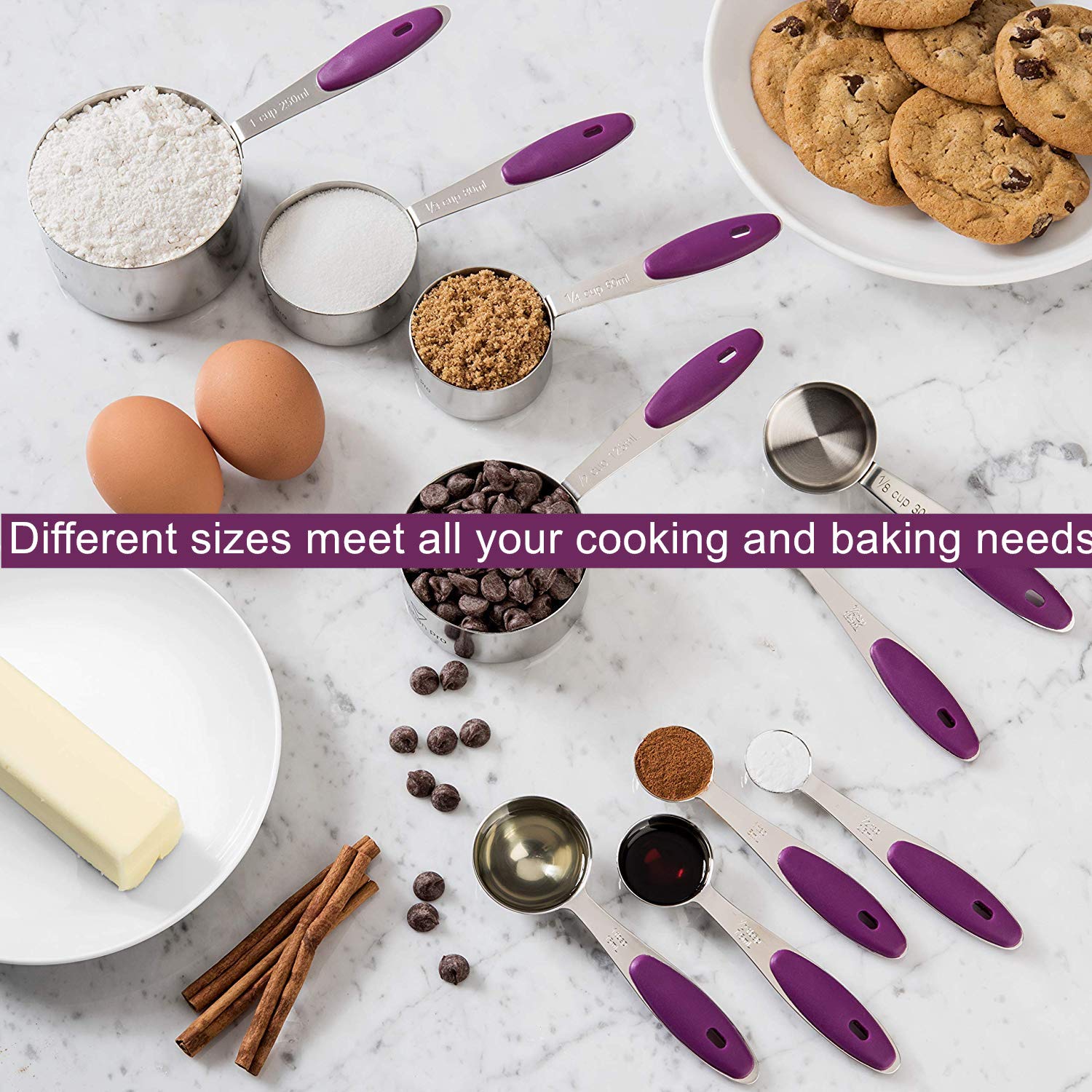 10-Piece Stainless Steel Measuring Spoons and Cups Set with BPA-Free Silicone Grips - Accurate Liquid & Dry Ingredient Measurement for Baking, Cooking, and Meal Prep - Dishwasher Safe Kitchen Utensils (Purple) - Perfect for Home Chefs, Bakers, and Cooking Enthusiasts