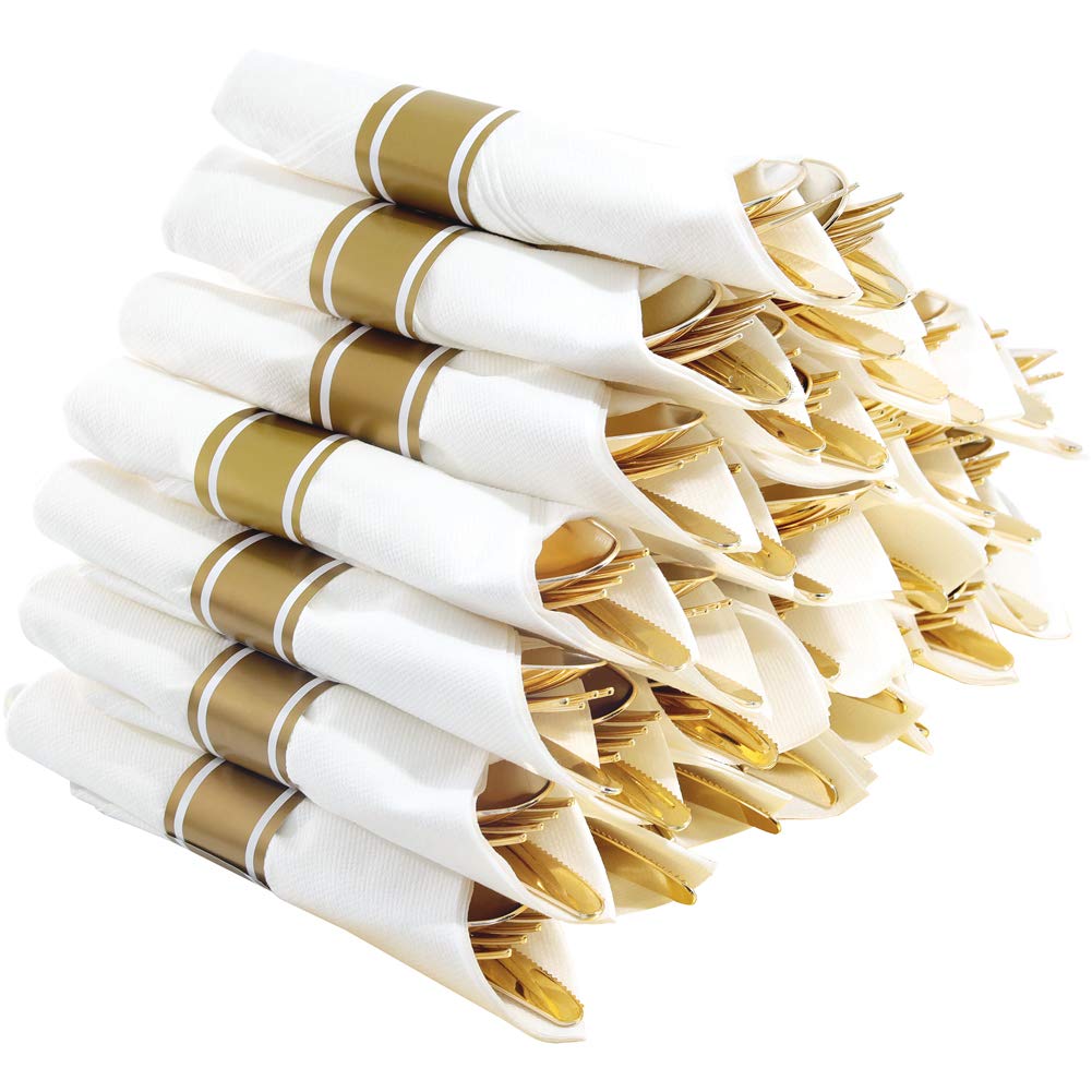 Premium 30-Piece Disposable Cutlery Set with Gold Plastic Silverware & Linen-Like Napkins - Includes 30 Forks, 30 Knives, 30 Spoons - Perfect for Weddings, Parties, Catering & Elegant Events