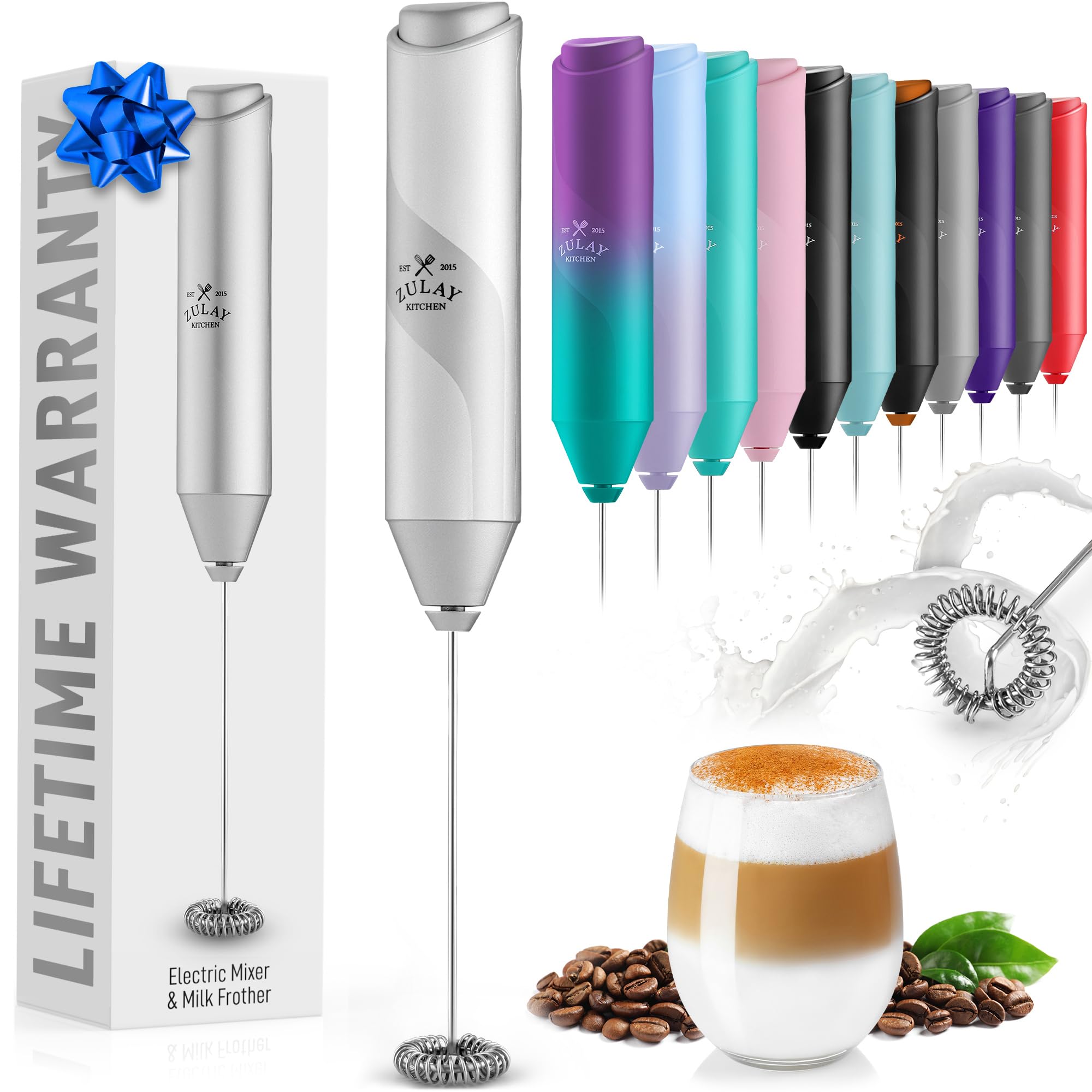 Zulay Kitchen Powerful Milk Frother Wand - Handheld Stainless Steel Battery Operated Drink Mixer for Coffee, Lattes, Cappuccino & Matcha - Mini Milk Frother for Home, Office & Travel - Perfect Gift for Coffee Lovers (Silver)