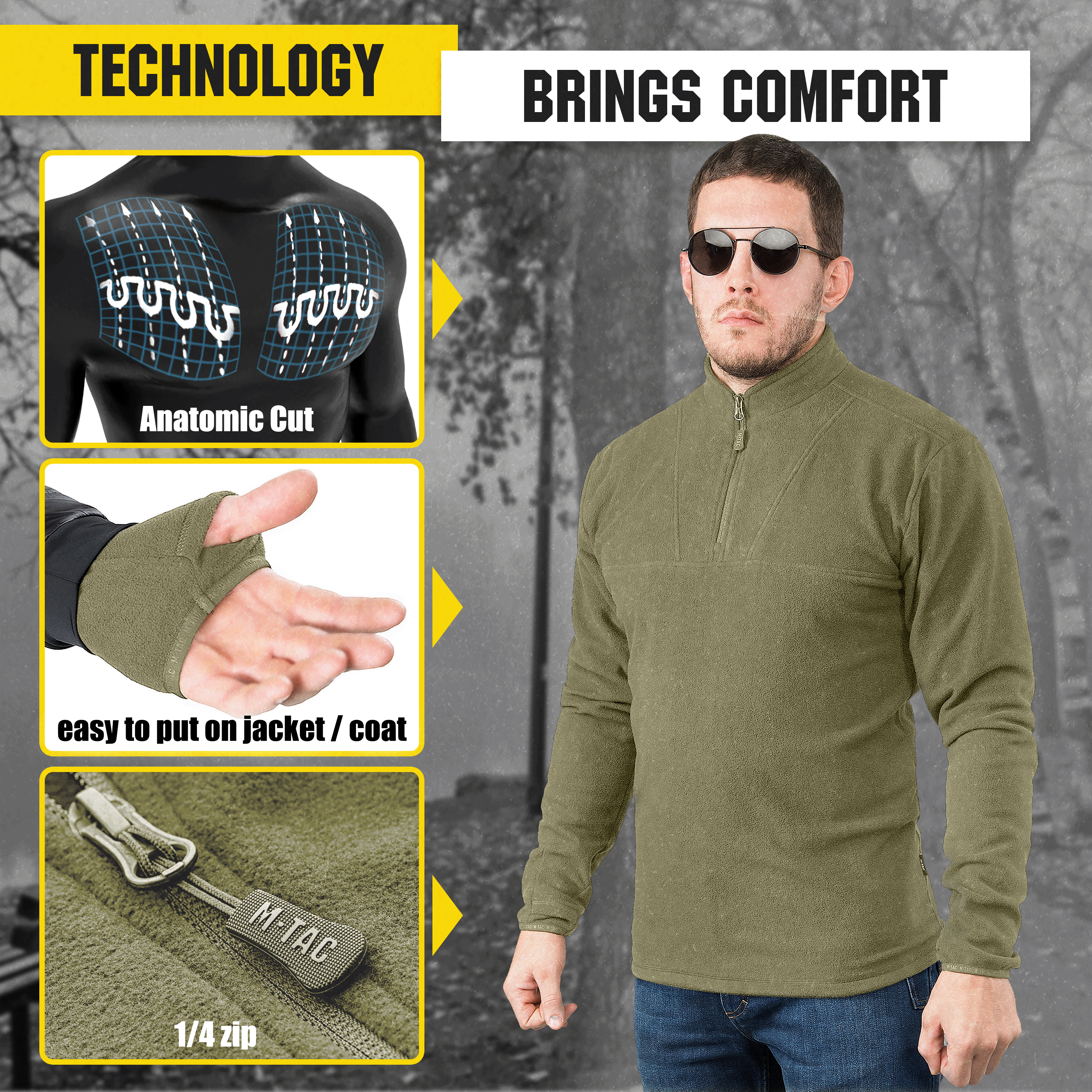 M Tac Delta Fleece Jacket - Tactical Quarter Zip Sweater for Men | Warm Military Style Underwear Top | Perfect for Outdoor Hiking, Camping & Cold Weather Activities