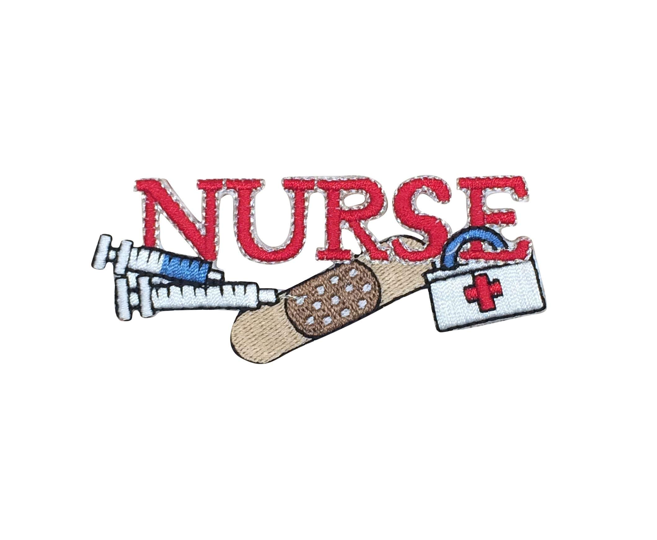 Red Nurse with Needle, Bandaid & Medical First Aid Kit Iron-On Patch - Perfect for Scrubs, Jackets & DIY Sewing Projects | First Aid Themed Embroidered Badge
