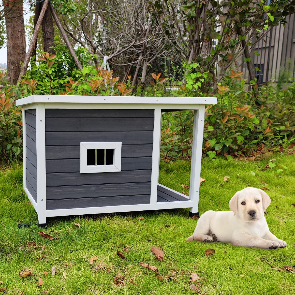 Waterproof Wooden Dog House with Porch Deck - Outdoor Puppy Kennel & Weatherproof Dog Cage for Backyard, Garden, and Camping Use