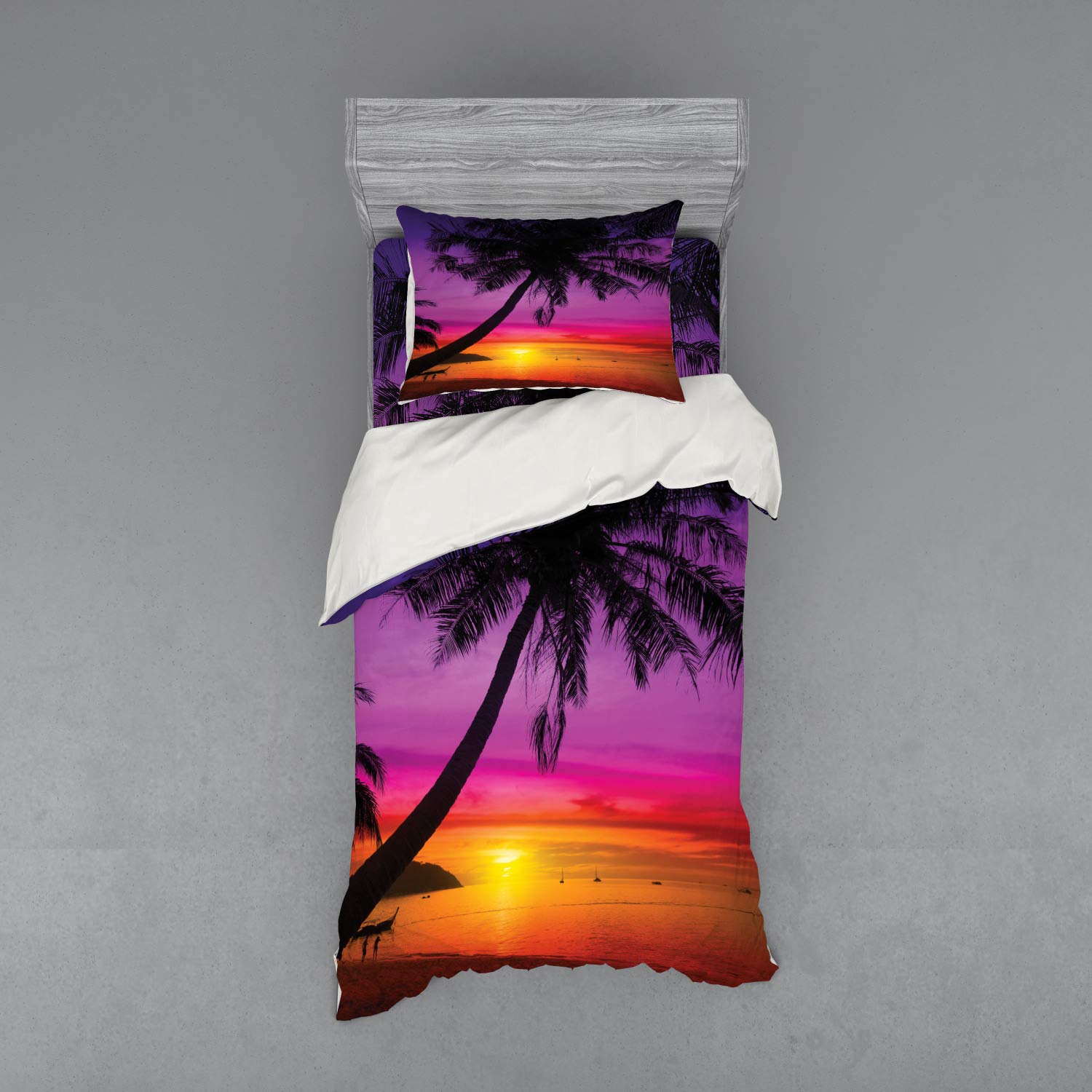 Ambesonne Tropical Bedding Set - Palm Tree Sunset Beach Duvet Cover 3 Piece Set with Pillow Sham & Fitted Sheet, Twin XL Size in Purple Orange Black | Coastal Themed Bedroom Decor for Summer Vacation Vibes