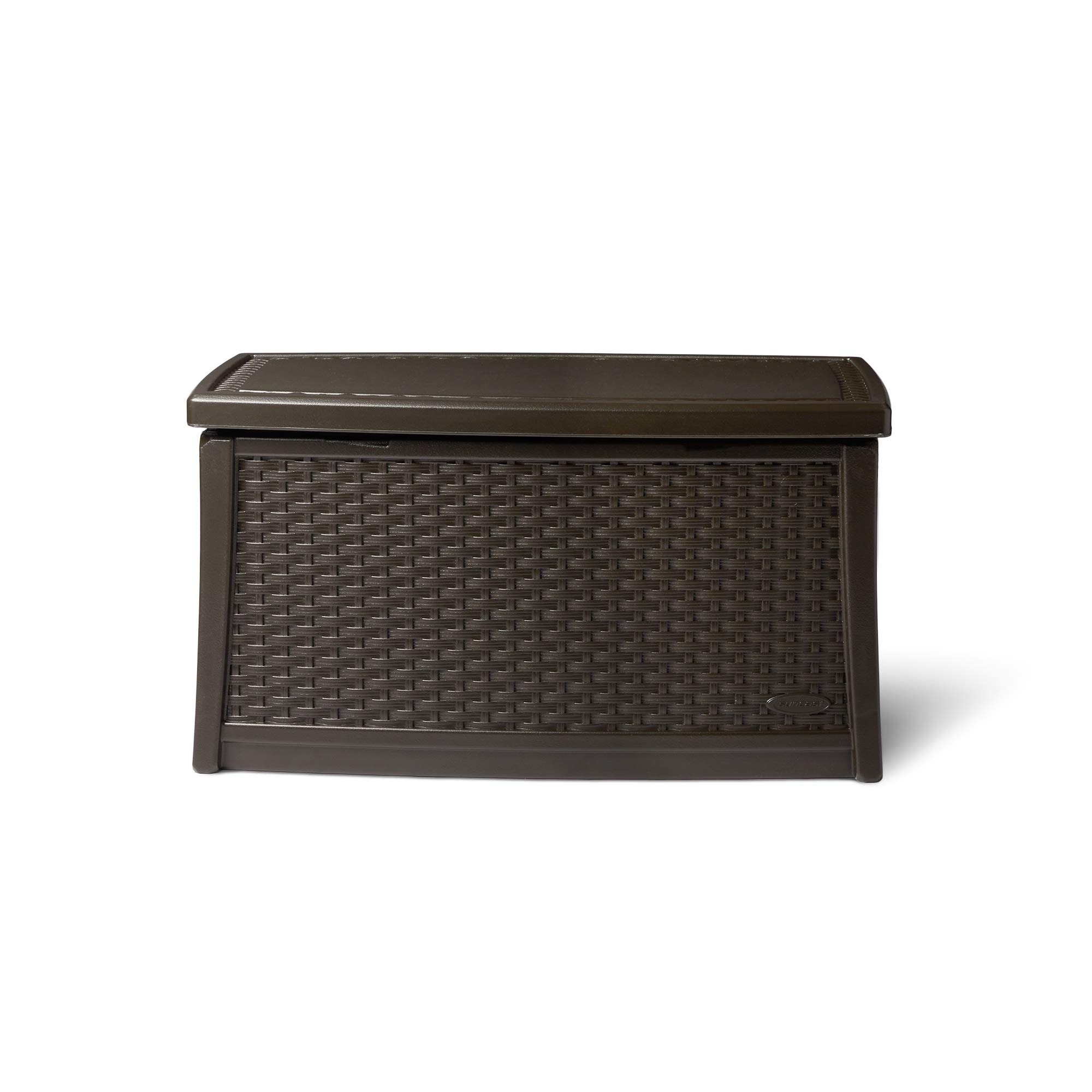 Suncast 30 Gallon Resin Outdoor Patio End Table with Storage - Weatherproof Java Brown Deck Box for Cushions, Pillows & Garden Tools - Perfect for Backyard, Poolside & Patio Furniture Organization
