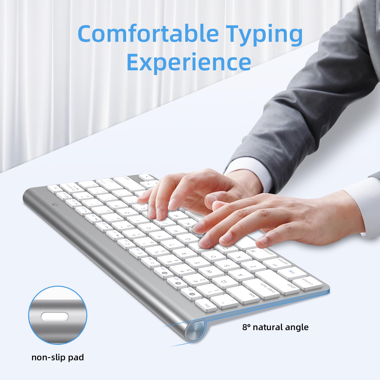PINKCAT Ultra-Slim Bluetooth Keyboard - Portable for Laptop, iPad, TV (Silver) - Home & Office Use