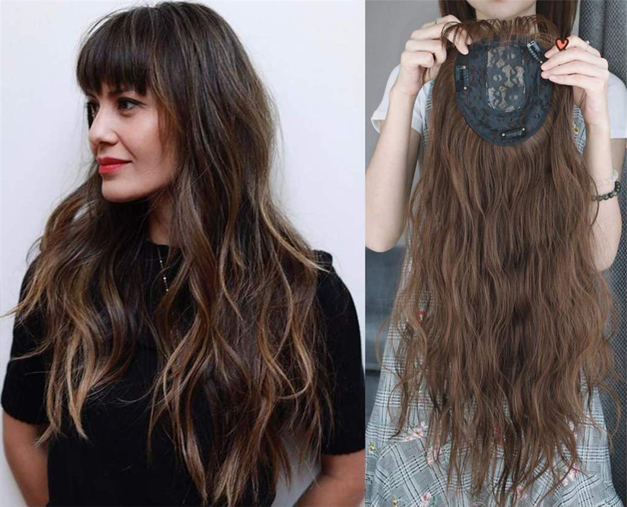 LXUE 22 Inch Wavy Hair Topper with Bangs - Volumizing Hair Extension for Women with Thinning Hair (Light Brown) | Perfect for Daily Wear, Parties & Special Occasions