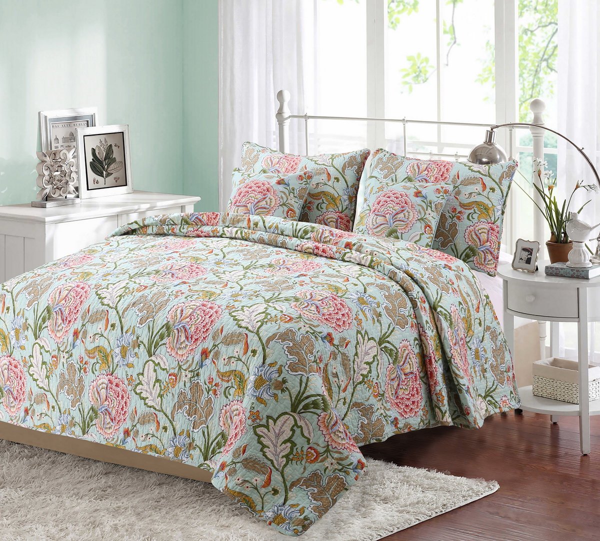 Queen Camellia 100% Hypoallergenic Cotton 3-Piece Floral Quilt Set - Full/Queen Size Green Bedding for Comfortable Sleep | Perfect for Master Bedroom, Guest Room & Cozy Home Decor