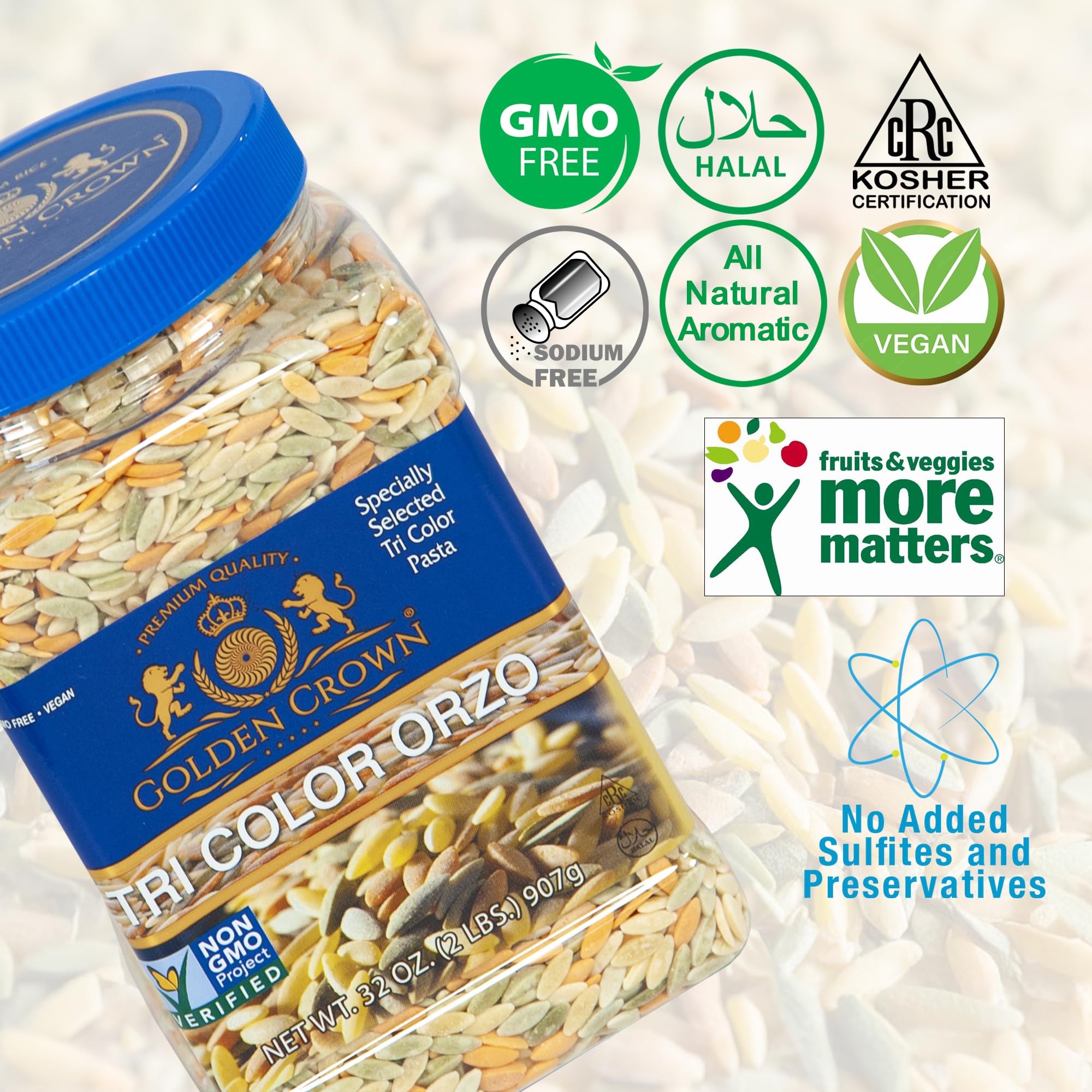Premium Golden Crown TRI Orzo Pasta - Natural Rice-Shaped Pasta for Soups, Salads & Breakfast Bowls | Quick-Cooking 2lb (32oz) Pack - Perfect for Italian Recipes, Meal Prep & Healthy Family Dinners
