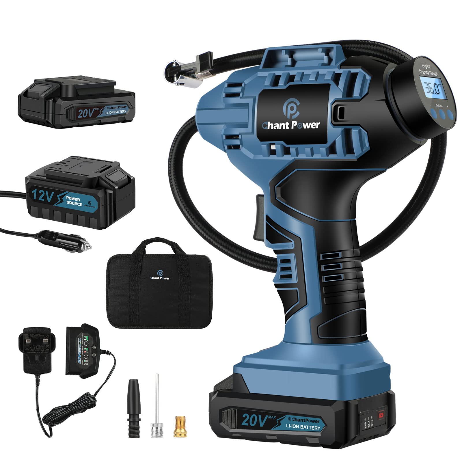 20V Cordless Tire Inflator Air Compressor - Rechargeable Battery Powered Air Pump with Digital Pressure Gauge, 12V Car Adapter for Cars, Bikes, Sports Balls & Inflatables (Blue) - Perfect for Roadside Emergencies, Bike Maintenance & Outdoor Activities