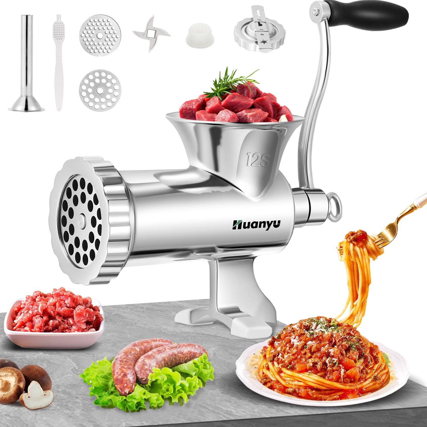 Huanyu Heavy Duty Stainless Steel Manual Meat Grinder - No.12S Hand Crank Sausage Stuffer with Biscuit Maker Accessories for Home Kitchen, Camping & Outdoor Cooking