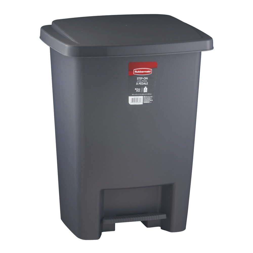 Rubbermaid Step-On Trash Can with Lid - 8.25 Gallon Gray Kitchen Wastebasket | Hands-Free Foot Pedal | Easy Clean Design for Home, Office, Bedroom & Bathroom | Durable Plastic Garbage Bin for Recycling & Daily Use