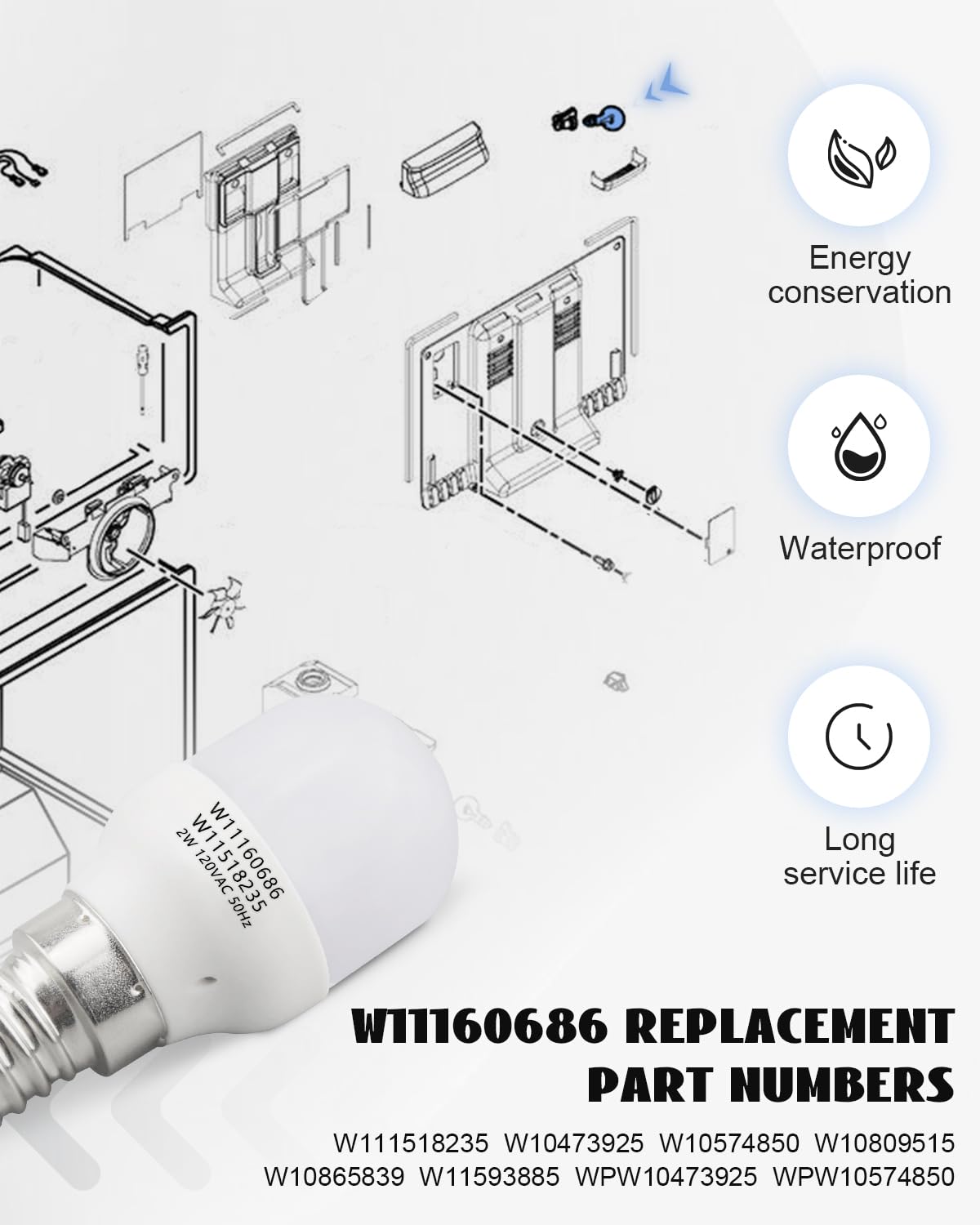 Whirlpool Maytag KitchenAid Refrigerator LED Light Bulb Replacement - Compatible with W11160686 & W11518235 - Bright Energy Efficient Fridge Lighting for Home Kitchen Appliances