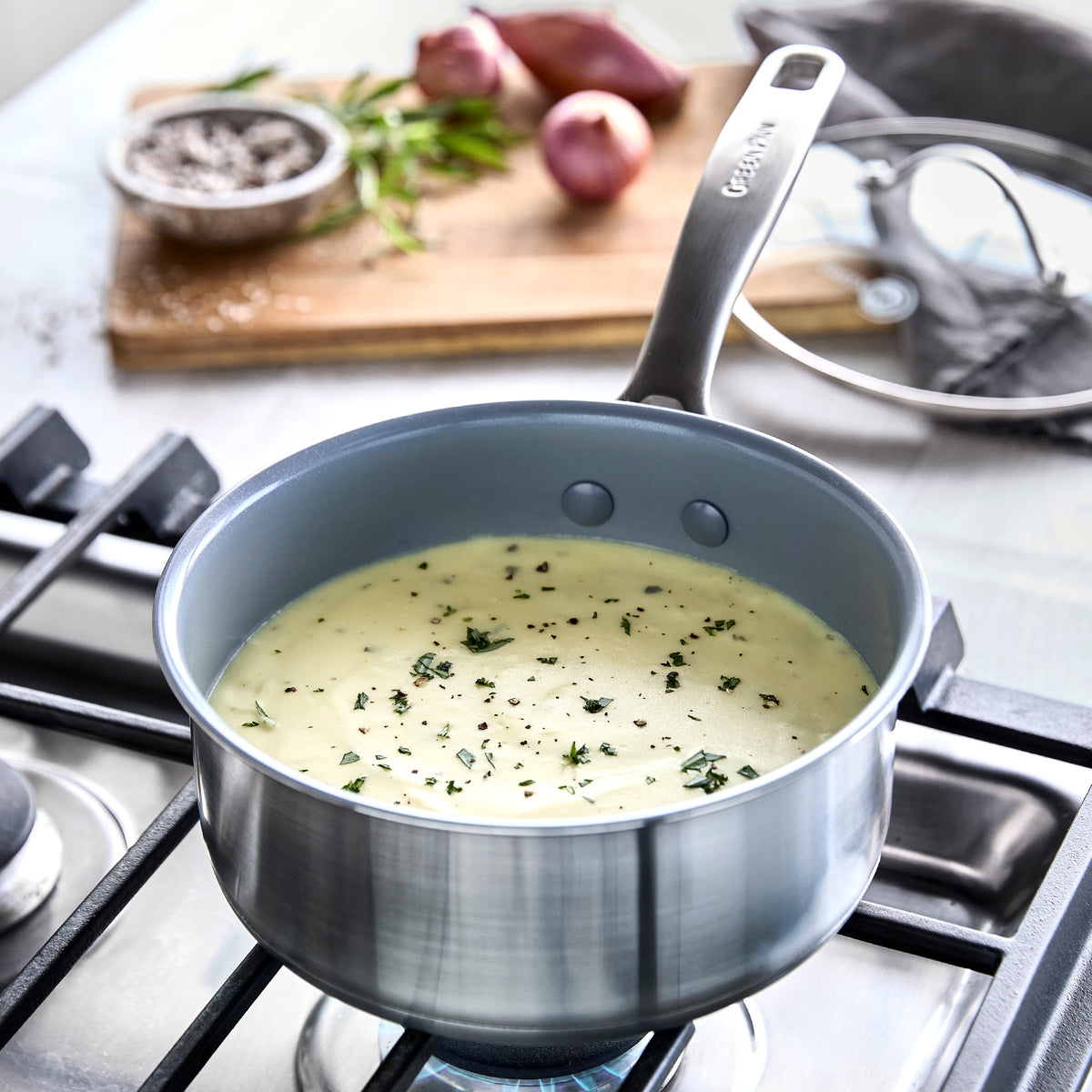 Treviso Ceramic Nonstick Stainless Steel 2 Quart Saucepan with Lid - Premium Cookware for Sauteing, Simmering & Serving | Perfect for Home Kitchen & Professional Use
