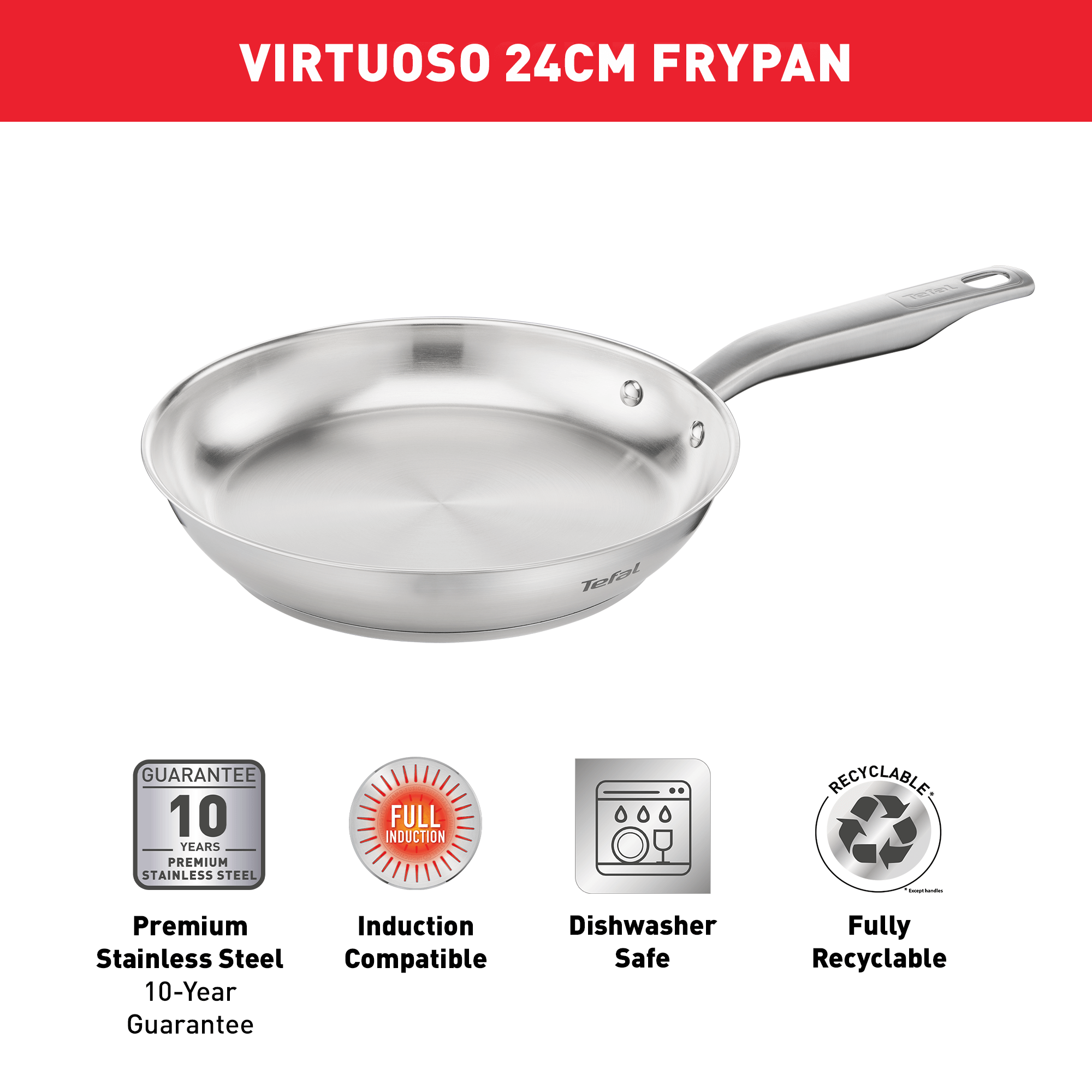 Tefal Virtuoso Induction Stainless Steel Uncoated Frypan 24cm - Professional Non-Stick Frying Pan for Gas & Induction Cooktops - Perfect for Searing, Sauteing & Frying Steak, Eggs & Pancakes