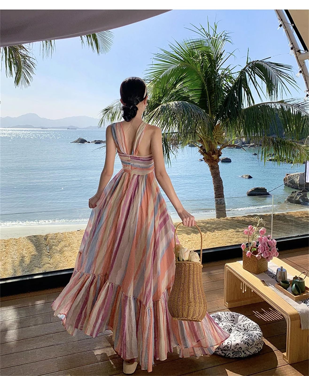 Women's V-Neck Contrast A-Line Summer Flowing Dress - Chic Bohemian Sleeveless Sundress for Beach Vacation & Resort Wear