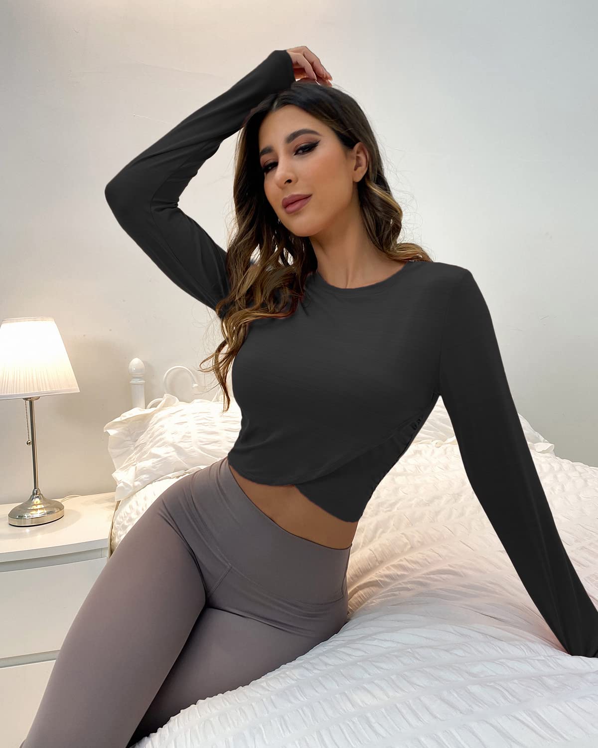 Sanutch Cropped Long Sleeve Tops Sweat Wicking Athletic Shirt Dance Crop Tops for Running Hiking Women Black S