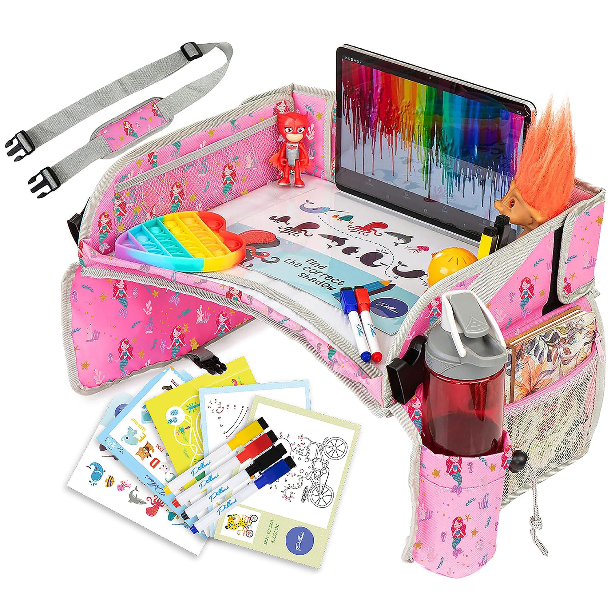 **PILLANI Kids Travel Tray for Car - Portable Car Seat Tray for Toddlers & Children, Road Trip Essentials with Storage, Airplane Lap Desk Organizer - Perfect for Snacks, Toys & Activities on Long Trips**