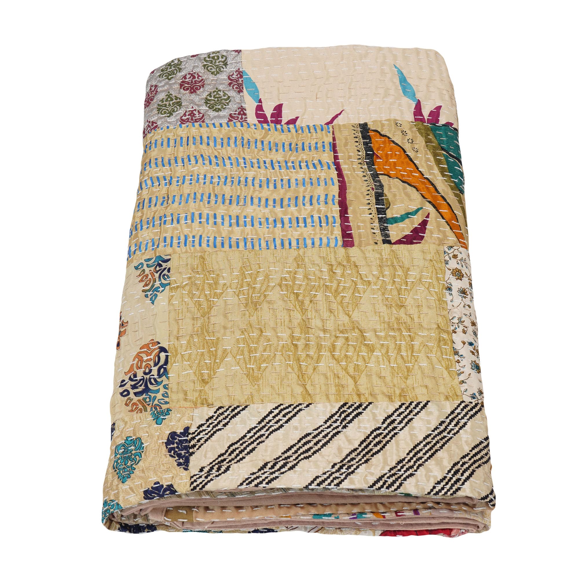 Marubhumi Handmade Cotton Kantha Quilt - Indian Silk Sari Patchwork Blanket, Queen Size 90x108 Inches, Skin Cream - Cozy Bedspread for Home Decor, Guest Room & Boho Chic Style