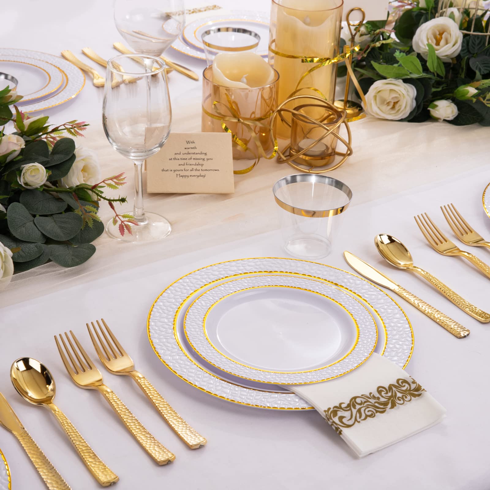 350-Piece Gold Plastic Dinnerware Set - Elegant White & Gold Disposable Plates, Cutlery & Cups for 50 Guests | Perfect for Weddings, Parties, Bridal Showers & Formal Events - Dishwasher Safe & Eco-Friendly
