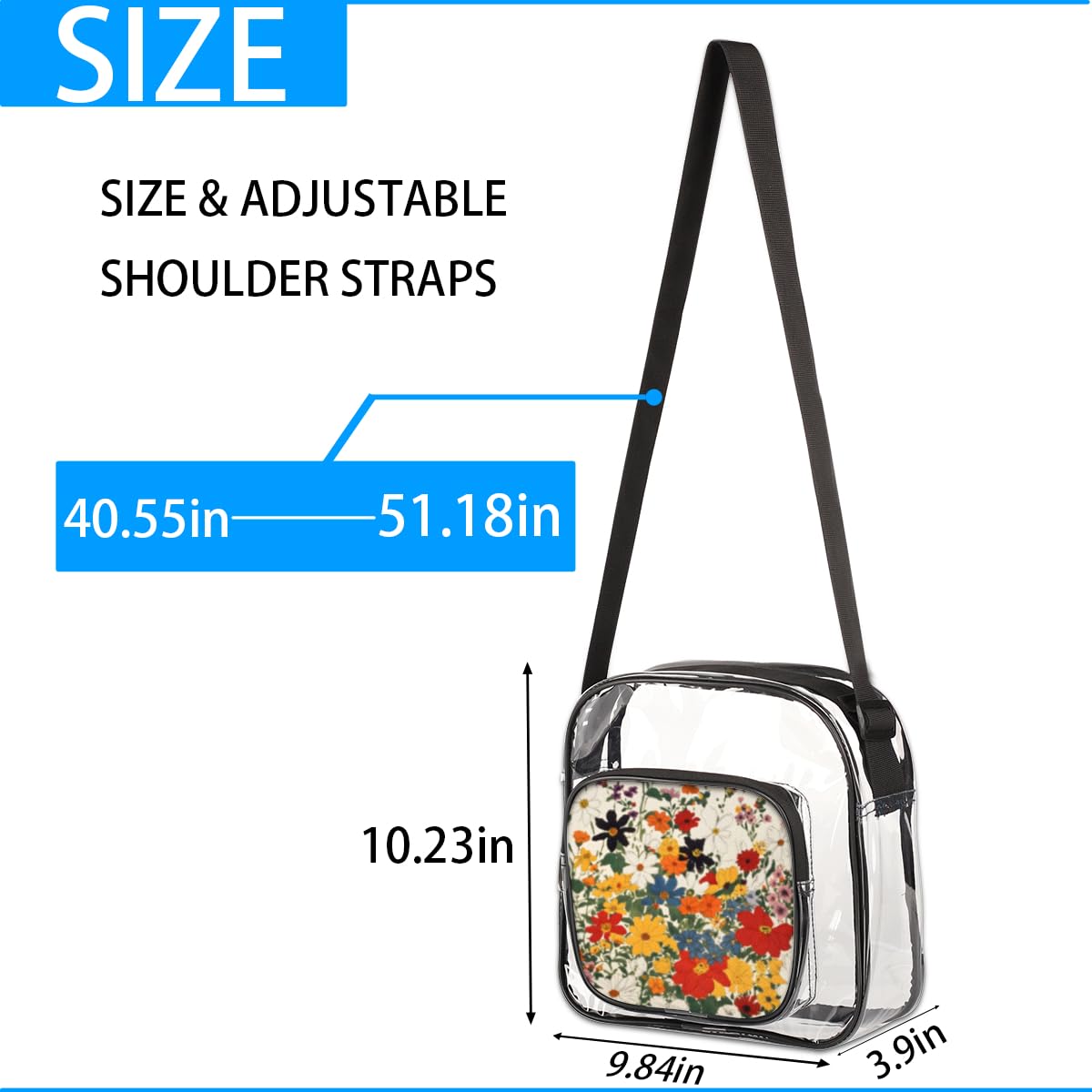 Mularoka Stunning Flower Clear Crossbody Purse Bag for Women & Men - Aesthetic Floral Transparent Shoulder Bag, Stadium Approved Clear Purse for Concerts, Festivals, Sports Events & Travel - Fashionable & Functional Accessory for Everyday Use