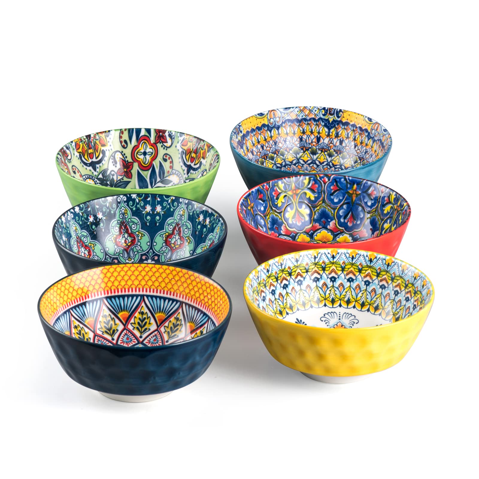 HENXFEN 6-Piece Ceramic Bowl Set - 25 Oz Porcelain Soup, Cereal, Pasta & Salad Bowls - Microwave & Dishwasher Safe - Bohemian Style Dinnerware for Home, Restaurant & Party Serving