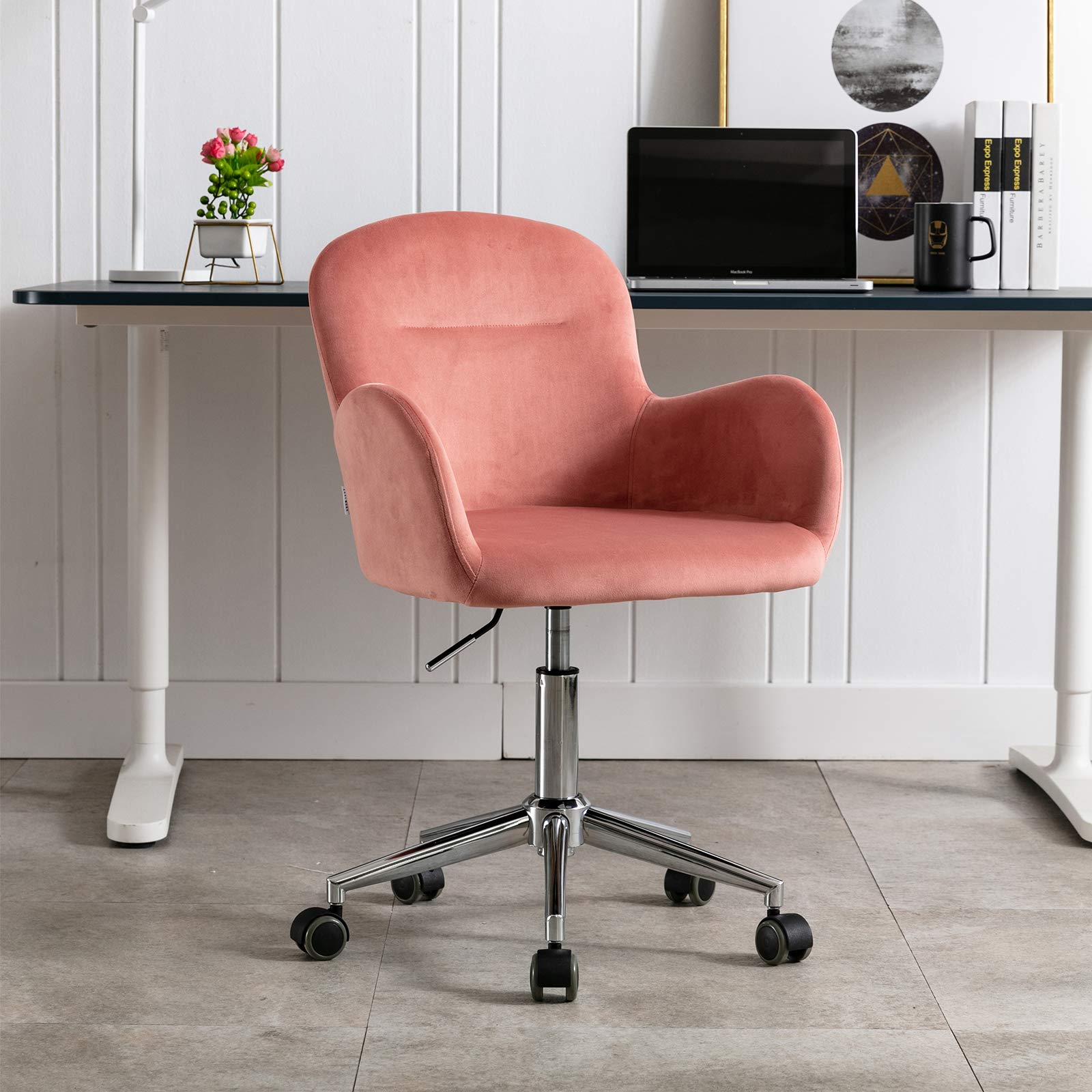 Modern Velvet Desk Chair - 360° Swivel Ergonomic Computer Task Chair with Adjustable Height, Pink/Red Upholstered Accent Chair for Home Office, Gaming & Vanity Desk