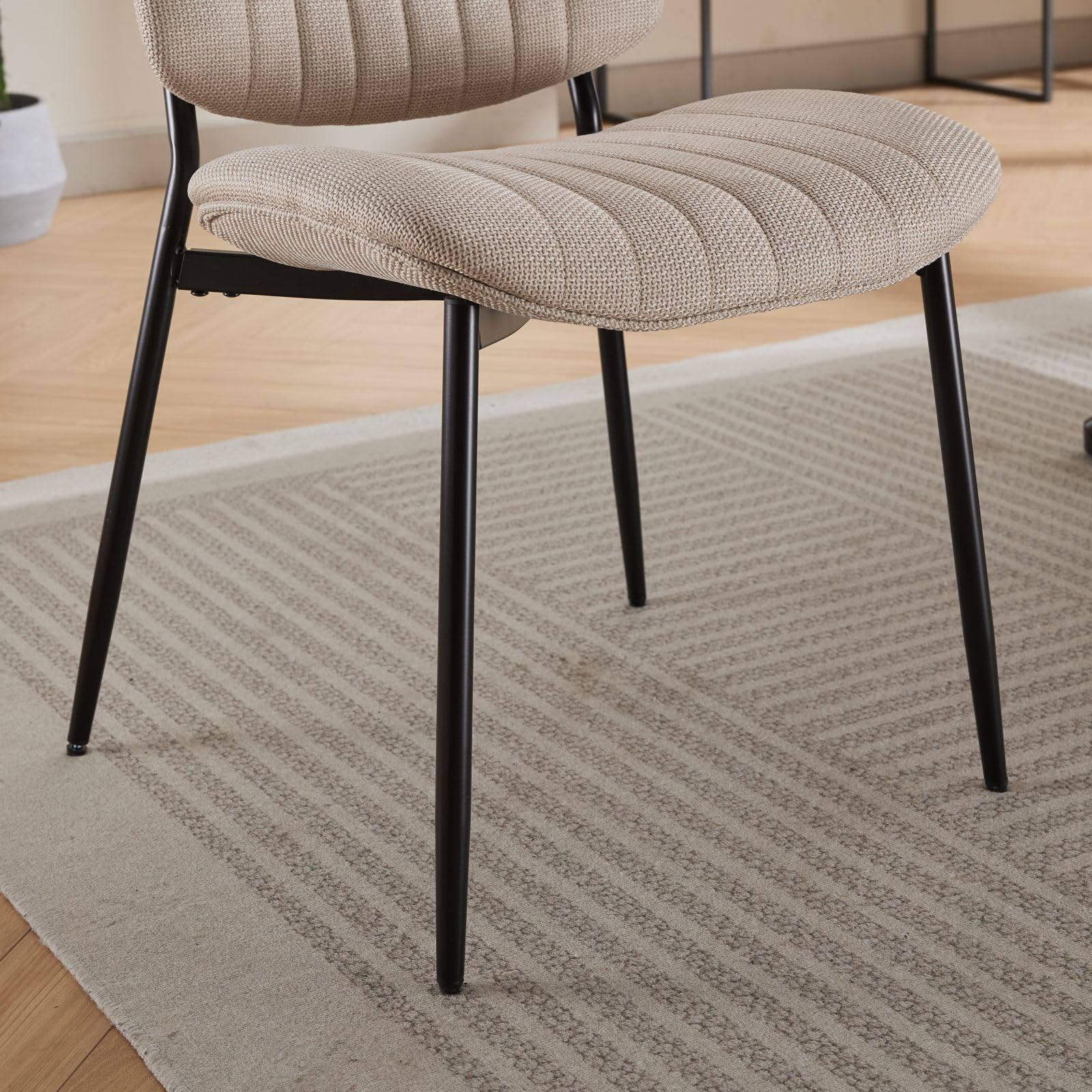 Mid-Century Modern Dining Chairs Set of 2 - Upholstered Retro Linen Chairs with Walnut Bentwood Back & Metal Legs, Adjustable Feet for Kitchen, Dining Room - Beige Vertical Stripes (Perfect for Small Spaces & Contemporary Home Decor)